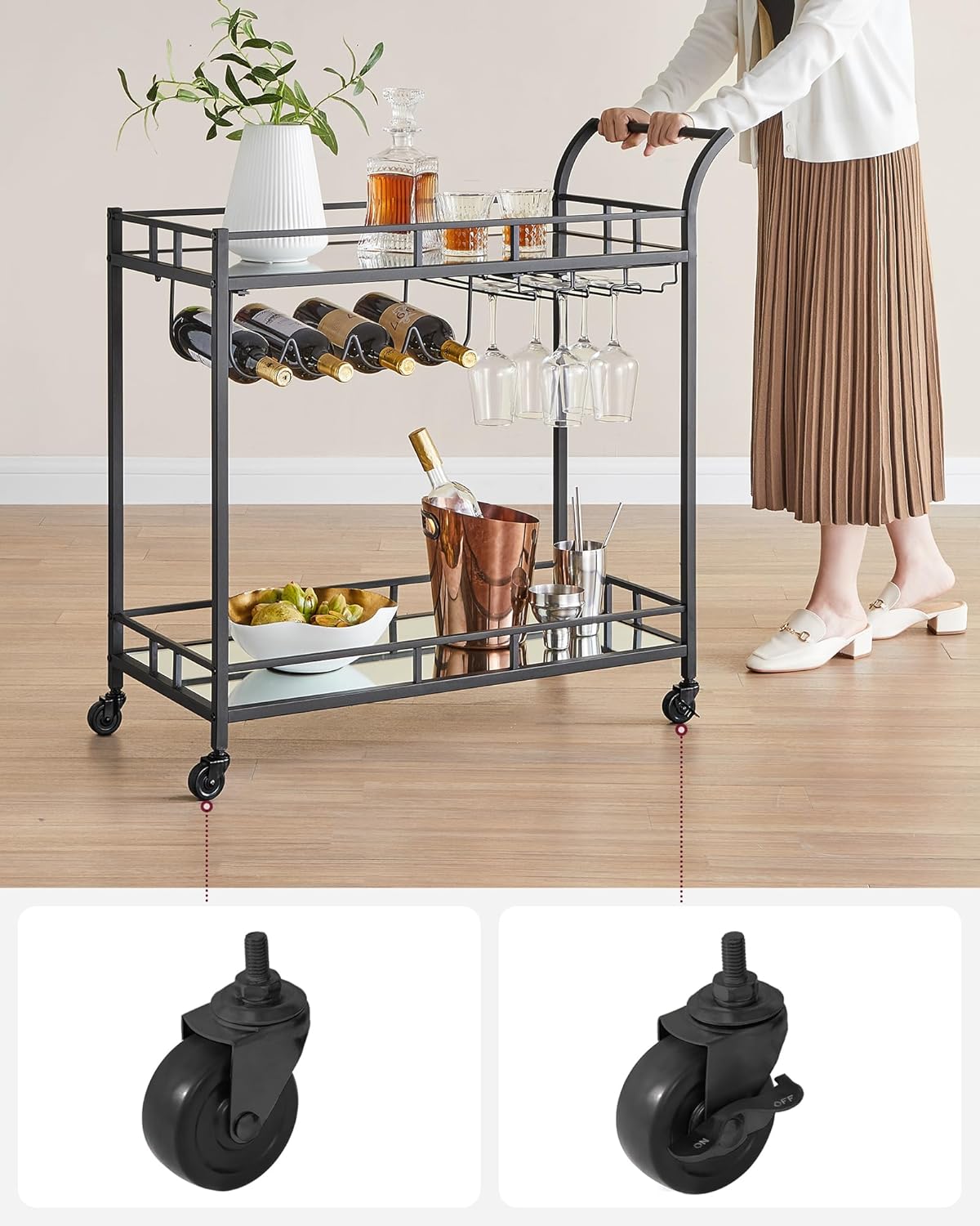VASAGLE Carucior de servire pentru vin, suport sticle si pahare, cu 2 rafturi din sticla, 38x86x90 cm, negru
