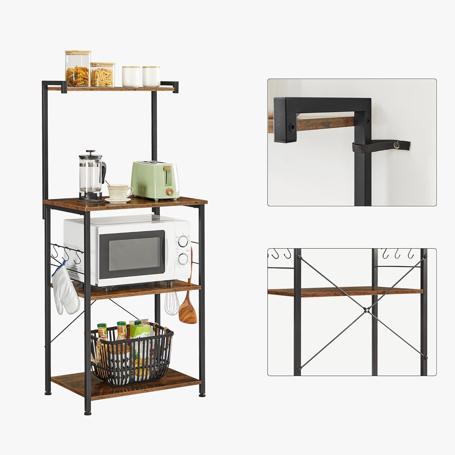 VASAGLE Raft de bucatarie cu spatiu pentru cuptorul cu microunde, 4 rafturi, otel, industrial, 40x54x134cm, maro retro si negru