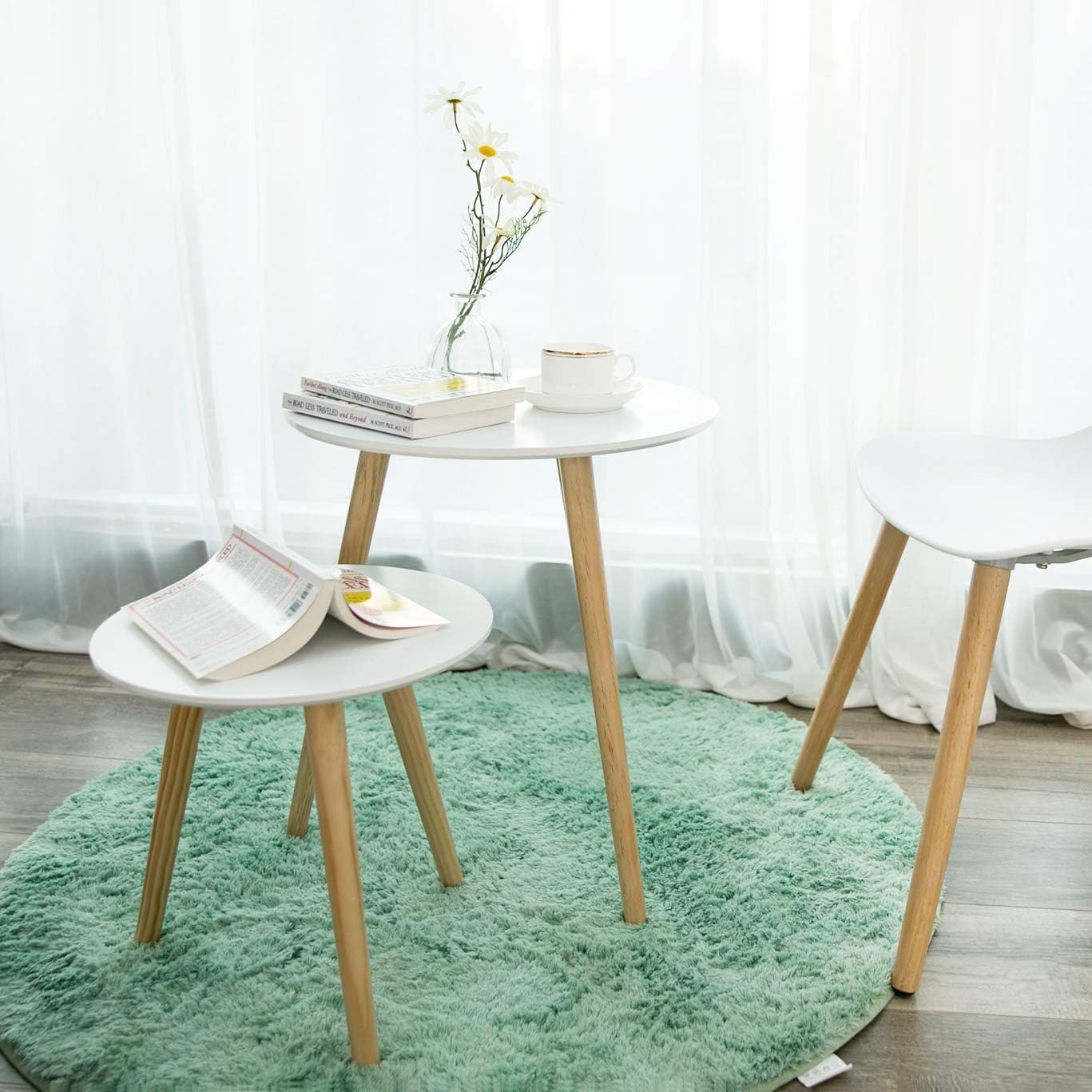 VASAGLE Masa de cafea, set de 2 bucati, picioare din lemn si blat MDF, design minimalist scandinav, 45x50cm si 35x35cm, alb