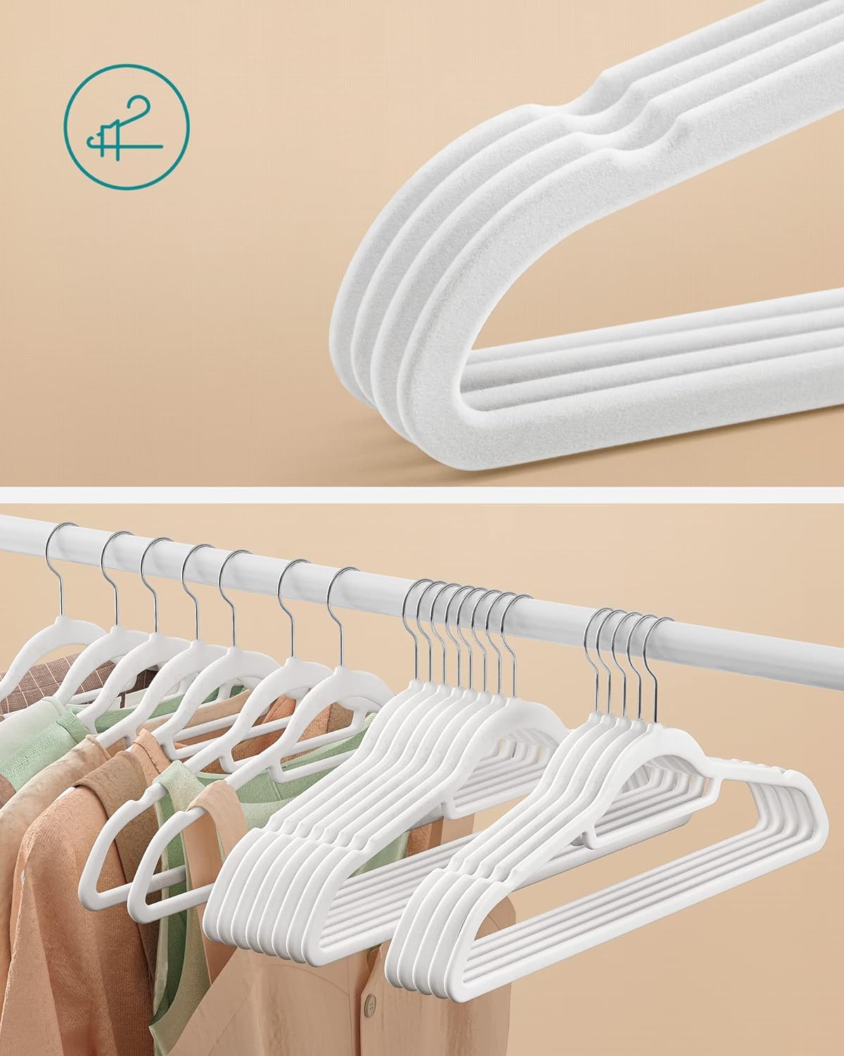 SONGMICS Set de 50 de umerase pentru haine, anti-alunecare cu catifea, bara de cravata si carlig pivotant, 43,5 cm, alb