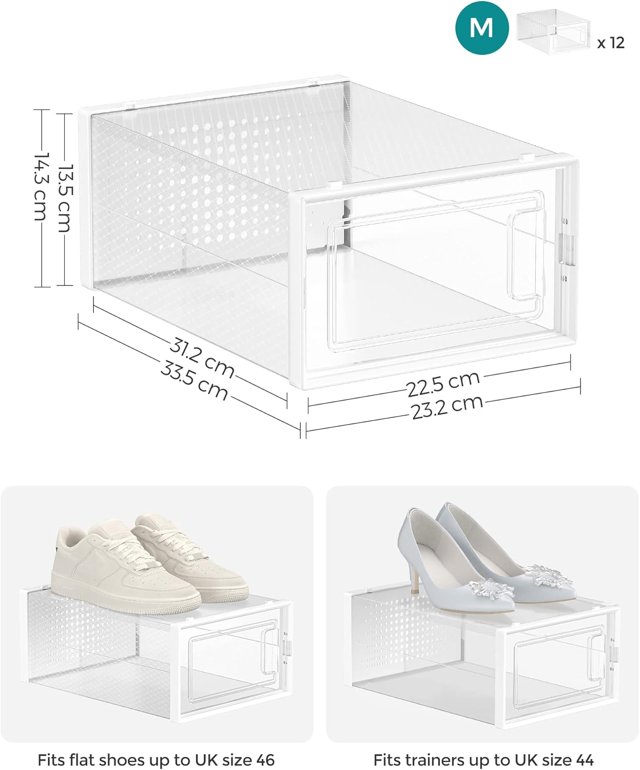 SONGMICS Cutii de pantofi, set de 12 organizatoare stivuibile, structura rezistenta ABS, 34x23x14 cm, transparent