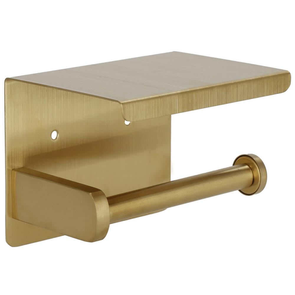 Suport hartie igienica din otel cu raft depozitare, sistem montare inclus, 13.5cm, auriu perlat
