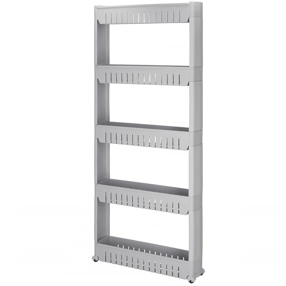 Sistem rafturi de depozitare cu roti pentru bucatarie sau baie cu 5 polite, 54x13x132cm, gri