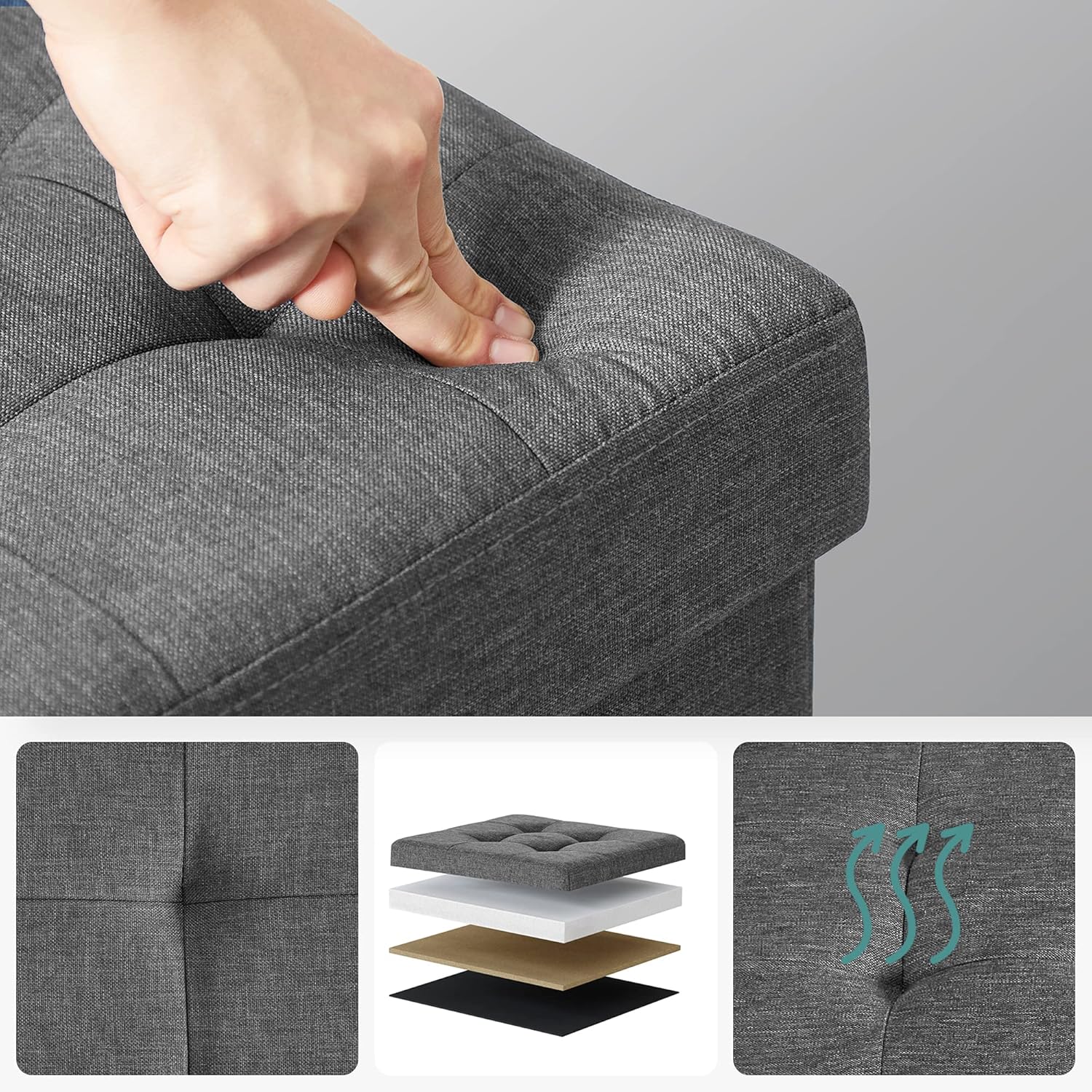 SONGMICS Taburet cu sezut moale, spatiu de depozitare, maxim 300kg, 38x38x38cm, gri inchis
