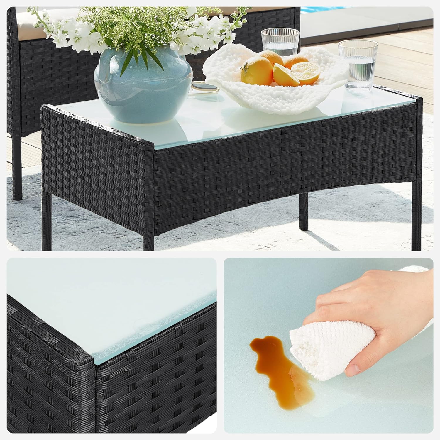 SONGMICS Set de mobilier pentru terasa sau balcon, din poliratan PE, masa, canapea si 2 scaune, negru - 7