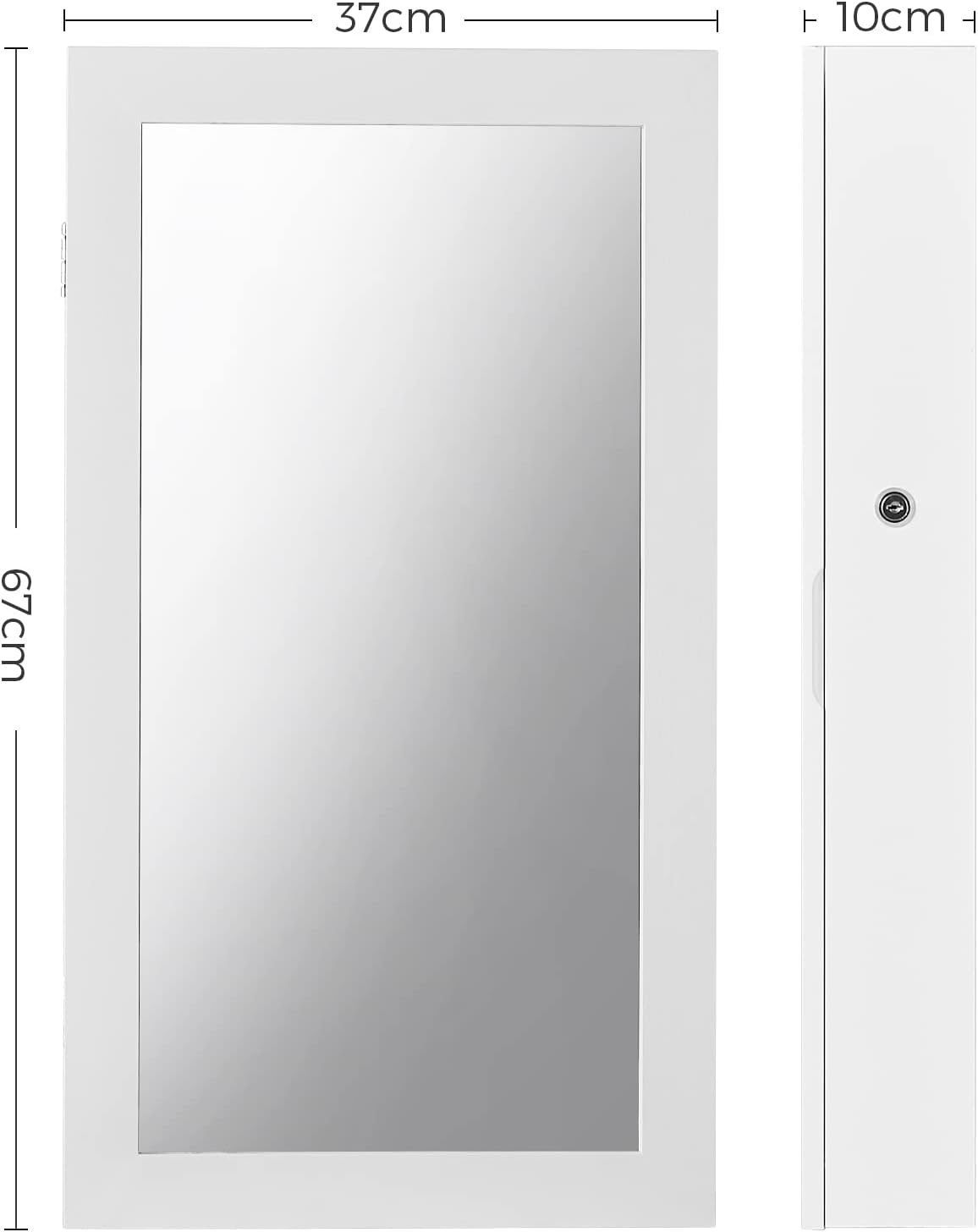 SONGMICS Dulap de bijuterii cu oglinda, montare pe perete, incuietoare, 37x11x67cm, alb