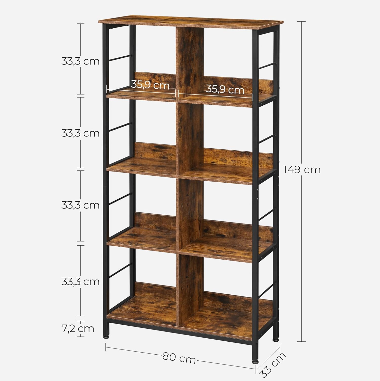 VASAGLE Biblioteca cu rafturi deschise, 8 compartimente, design industrial, 80x33x149cm, maro retro si negru
