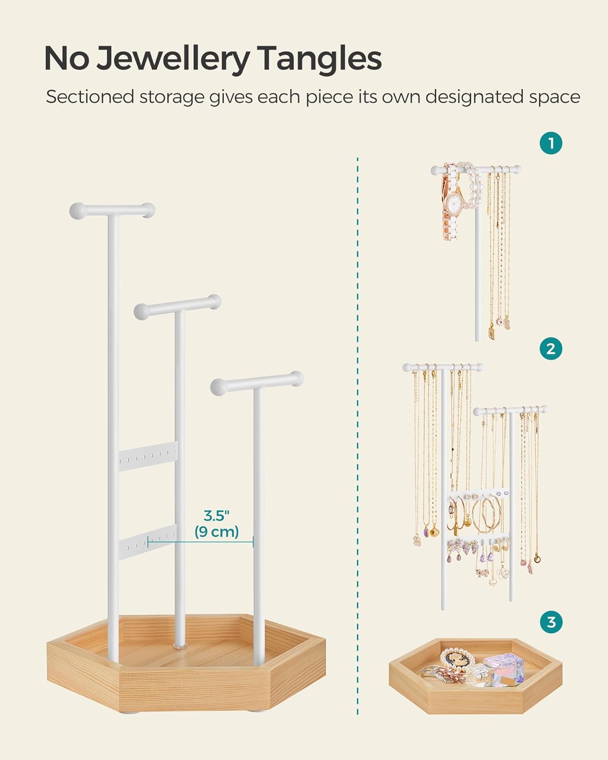 SONGMICS Stand organizator de bijuterii, cu cadru metalic, suport cercei, bratara, colier, inele, 18x21x36cm, alb
