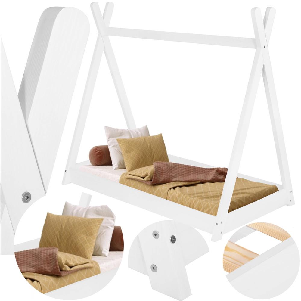 Pat din lemn pentru copii, model TeePee, somiera inclusa, 61x146x130 cm, alb
