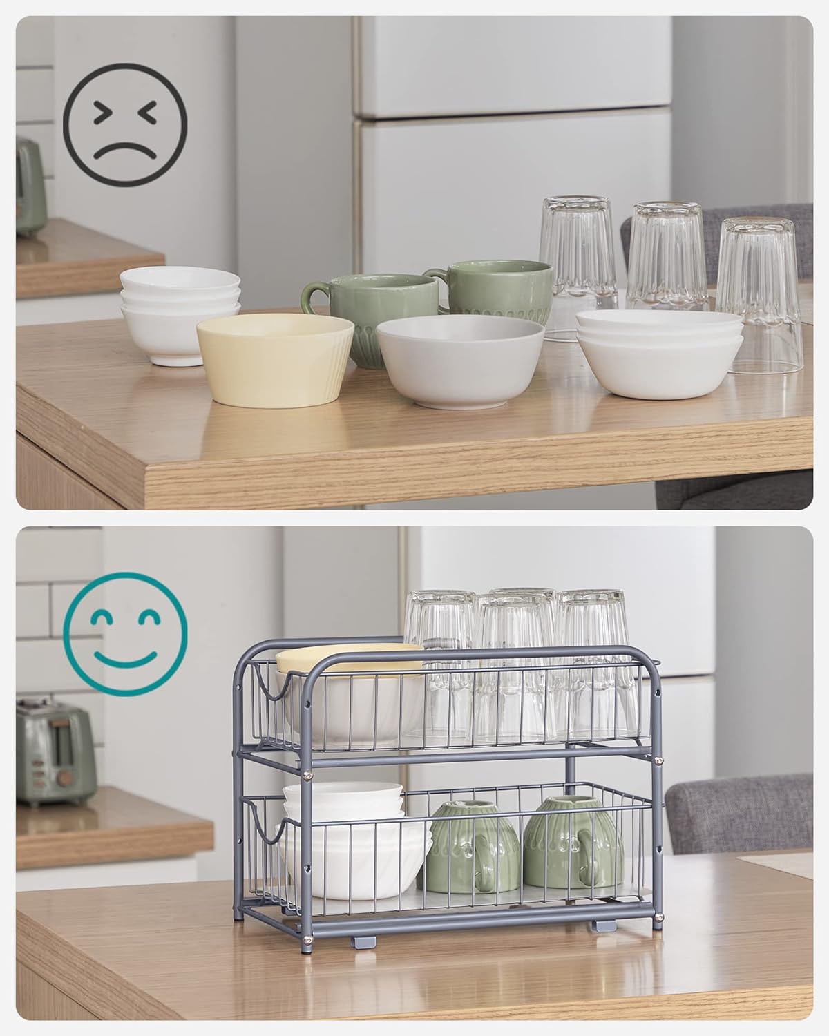 SONGMICS Raft organizator de depozitare cu 2 niveluri, cu sertare glisante, pentru bucatarie sau baie, 21x37x34cm, argintiu