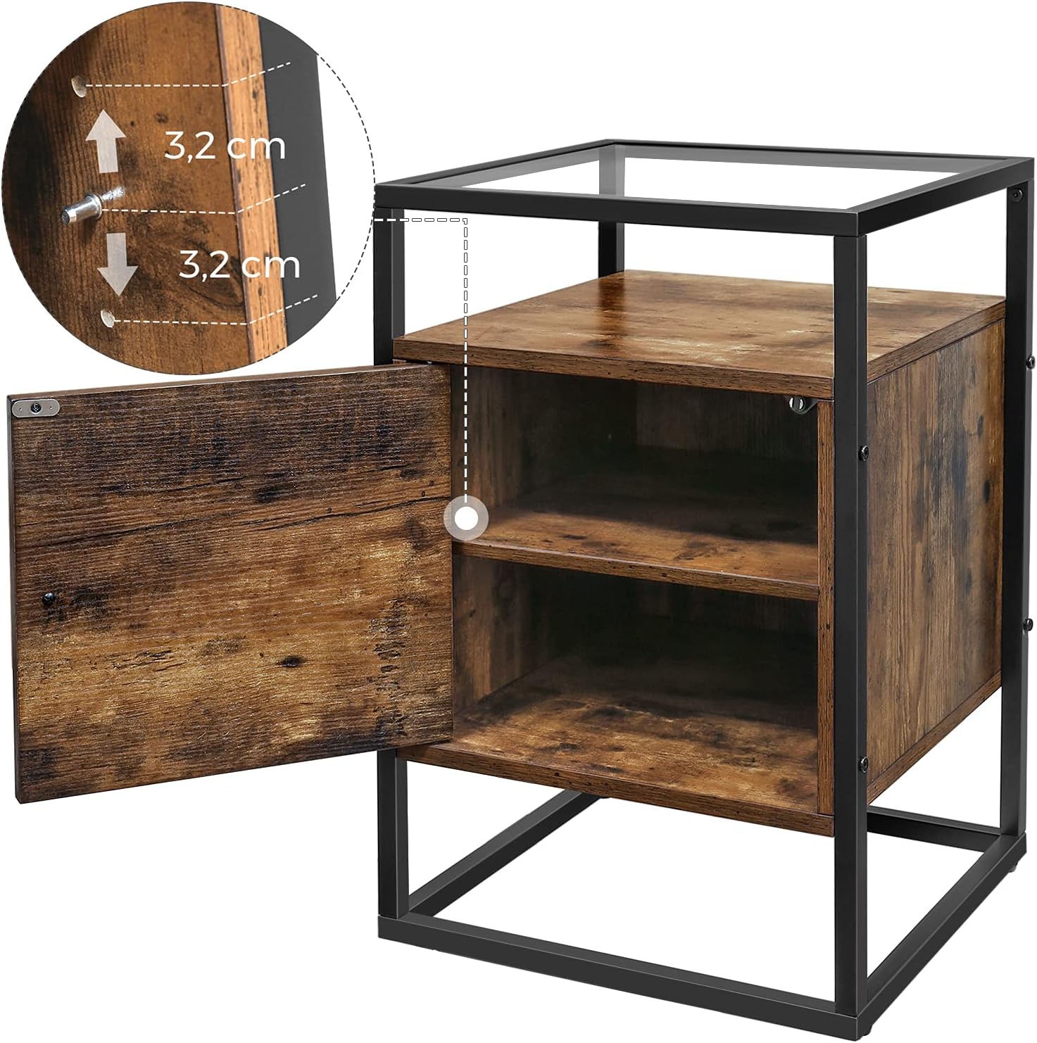 VASAGLE Noptiera cu spatiu de depozitare cu usa, blat din sticla, design industrial, 40x40x60cm, maro rustic