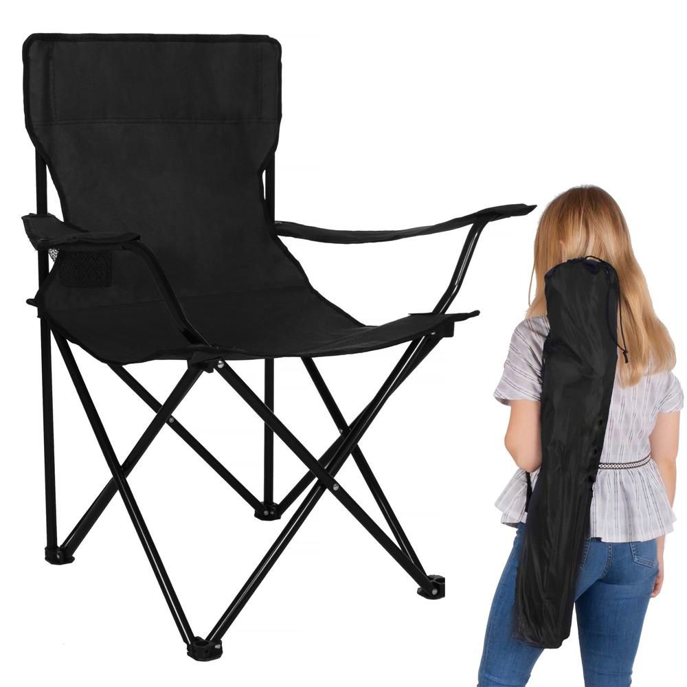 Scaun pliabil camping sau pescuit, cu suport pahar, negru