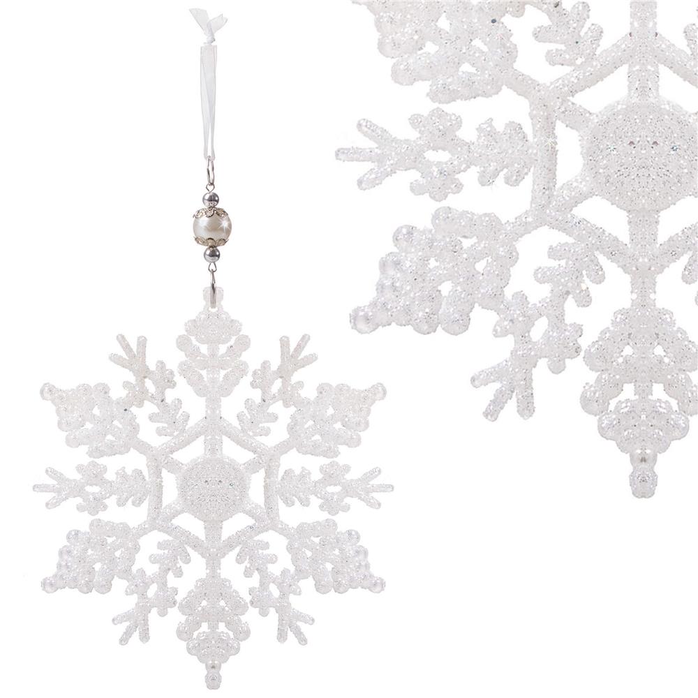 Decoratiune brad fulg de zapada, 13cm, alb cu sclipici