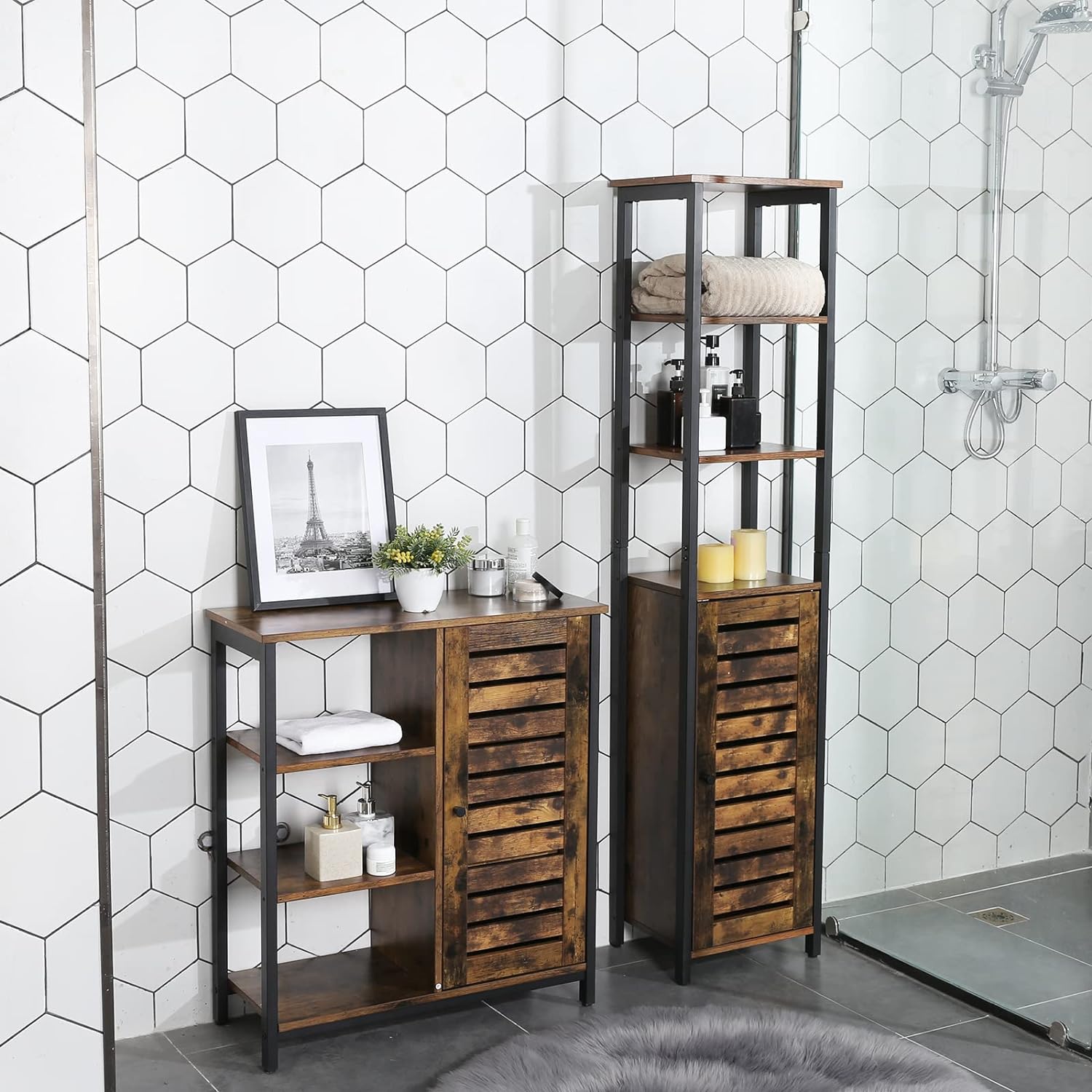 Dulap de depozitare in stil turn, 5 rafturi, compartiment cu usa, 37x30x167cm, maro rustic