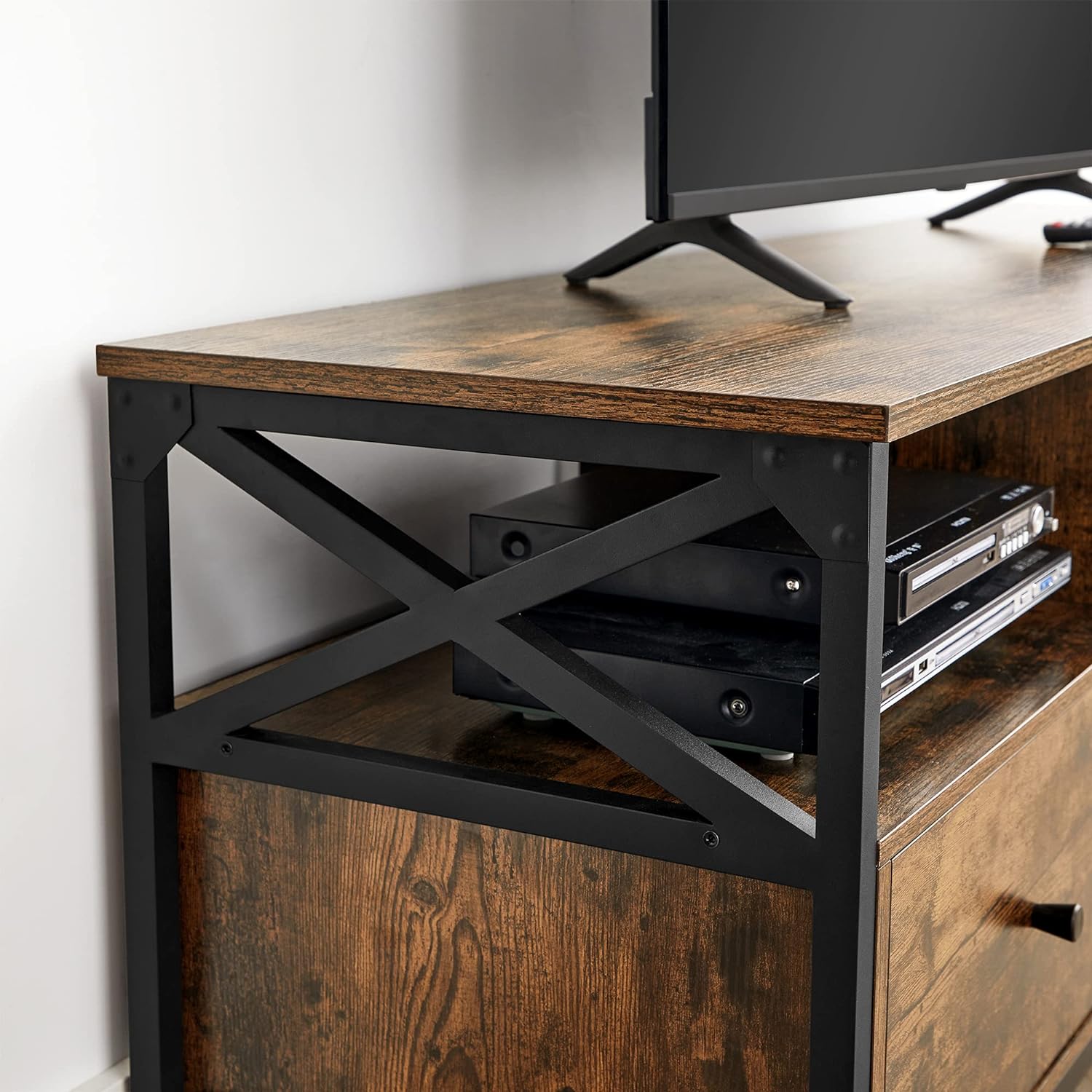 VASAGLE Comoda pentru TV de pana la 65 inch, cu 3 sertare si 3 rafturi deschise, 40x147x50cm, maro rustic si negru