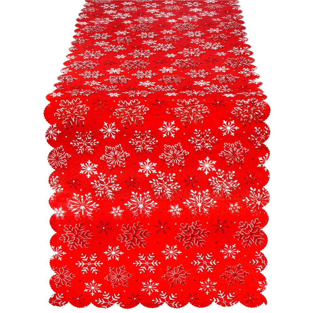 Fata de masa pentru decor, cu motive de Craciun, din stofa, 34x187cm, rosu