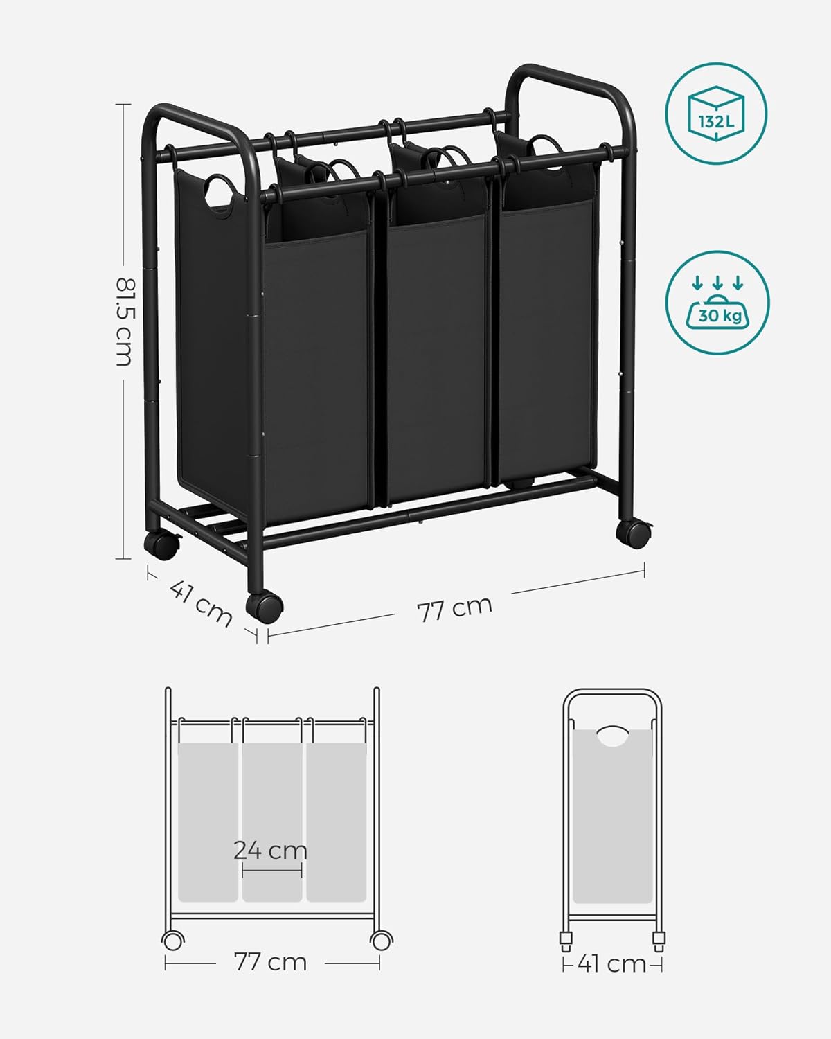 SONGMICS Cos de rufe cu 3 saci detasabili, structura metalica pe roti, 3x44L, 77x41x82cm, negru