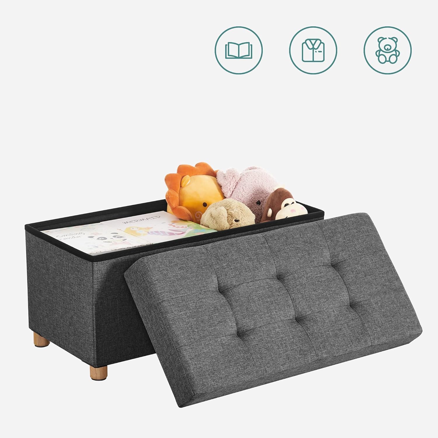 Taburet pliabil cu sezut moale, spatiu de depozitare, maxim 300kg, 76x38x40cm, gri inchis