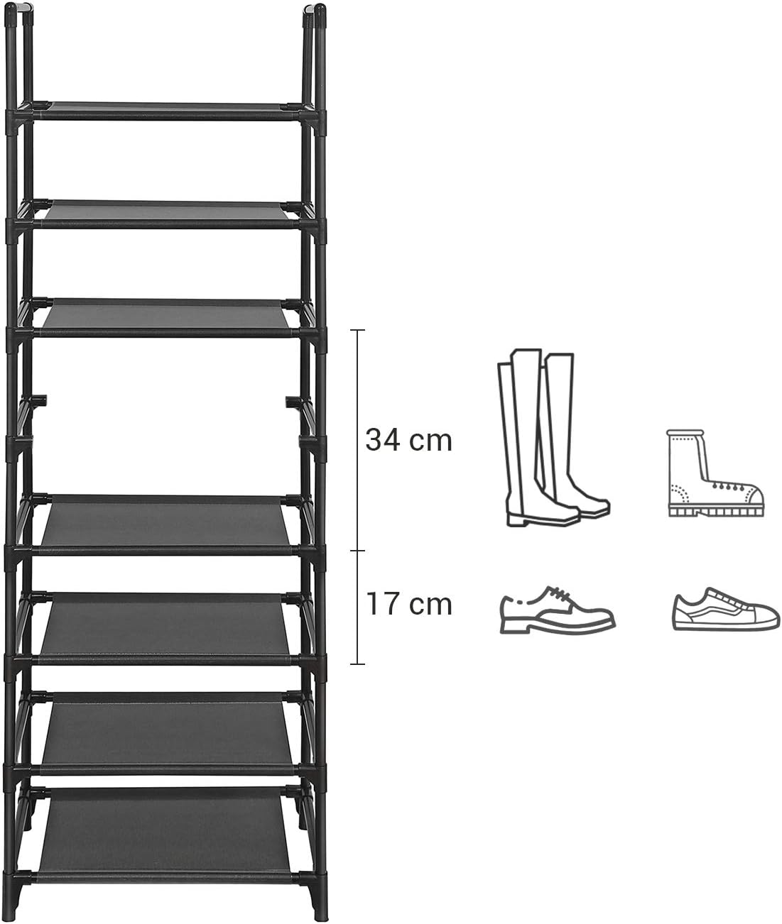 SONGMICS Raft de depozitare pantofi pe 8 niveluri, metal, instalare modulara, 28x46x145cm, negru