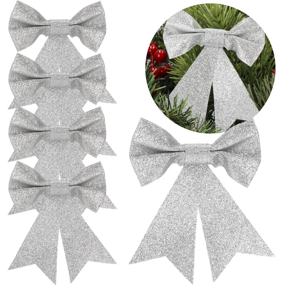 Set 4 ornamente pentru bradul de Craciun, fundita, 13cm, argintiu