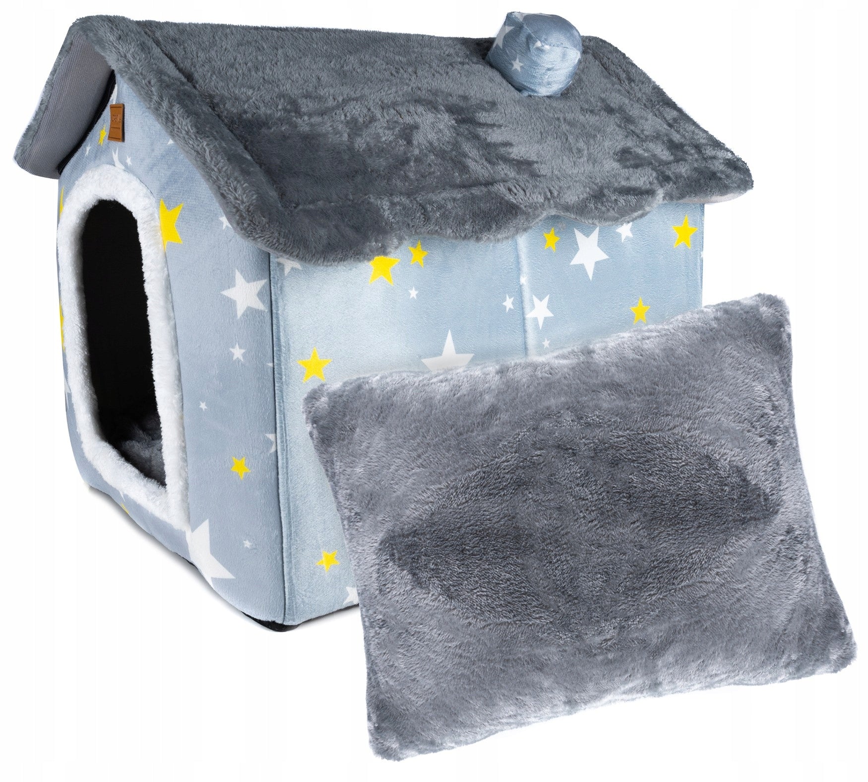 Cusca pentru pisici sau caini de talie mica, pentru interior, din catifea si bumbac, perna inclusa, 52x43x50cm