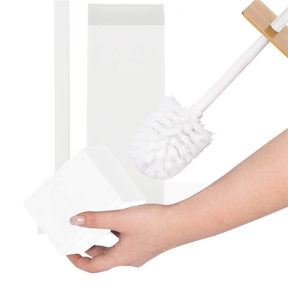 Stand cu perie WC si suport hartie igienica, metal si bambus, 79cm, gri deschis