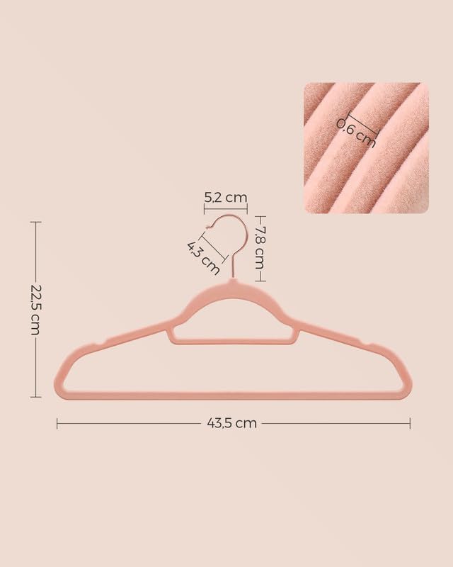 SONGMICS Set de 50 de umerase pentru haine, anti-alunecare cu catifea, bara de cravata si carlig pivotant, 43,5 cm, roz