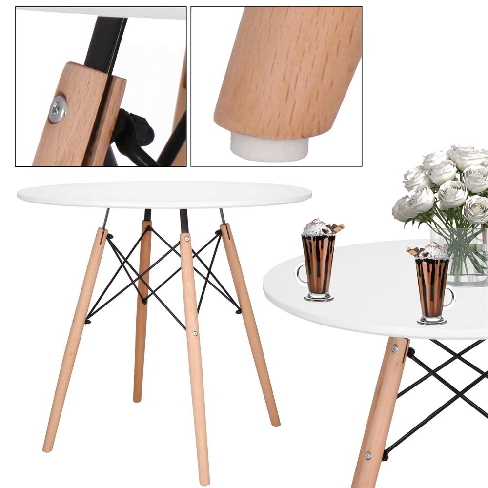 Masa dining bucatarie, rotunda, diametru 80 cm, inaltime 75 cm, Blat MDF, Picioare lemn, Alb