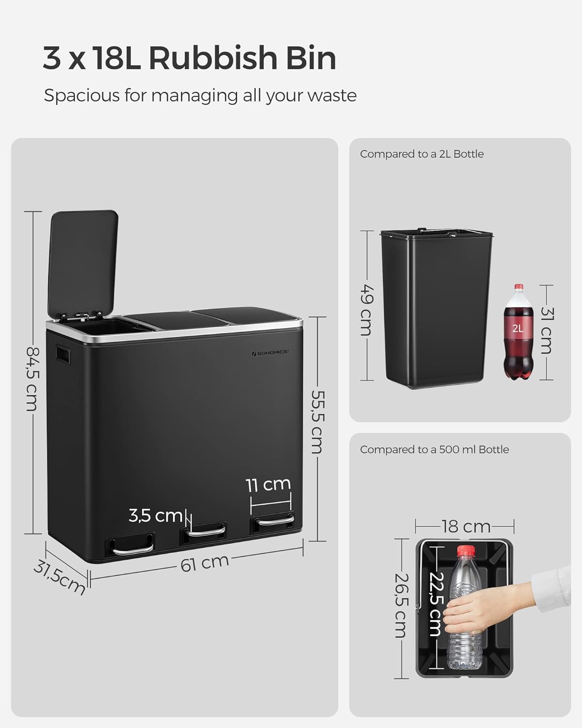 SONGMICS Cos de gunoi din inox cu 3 compartimente colectare selectiva, cu galeti interioare, 3x18litri, negru