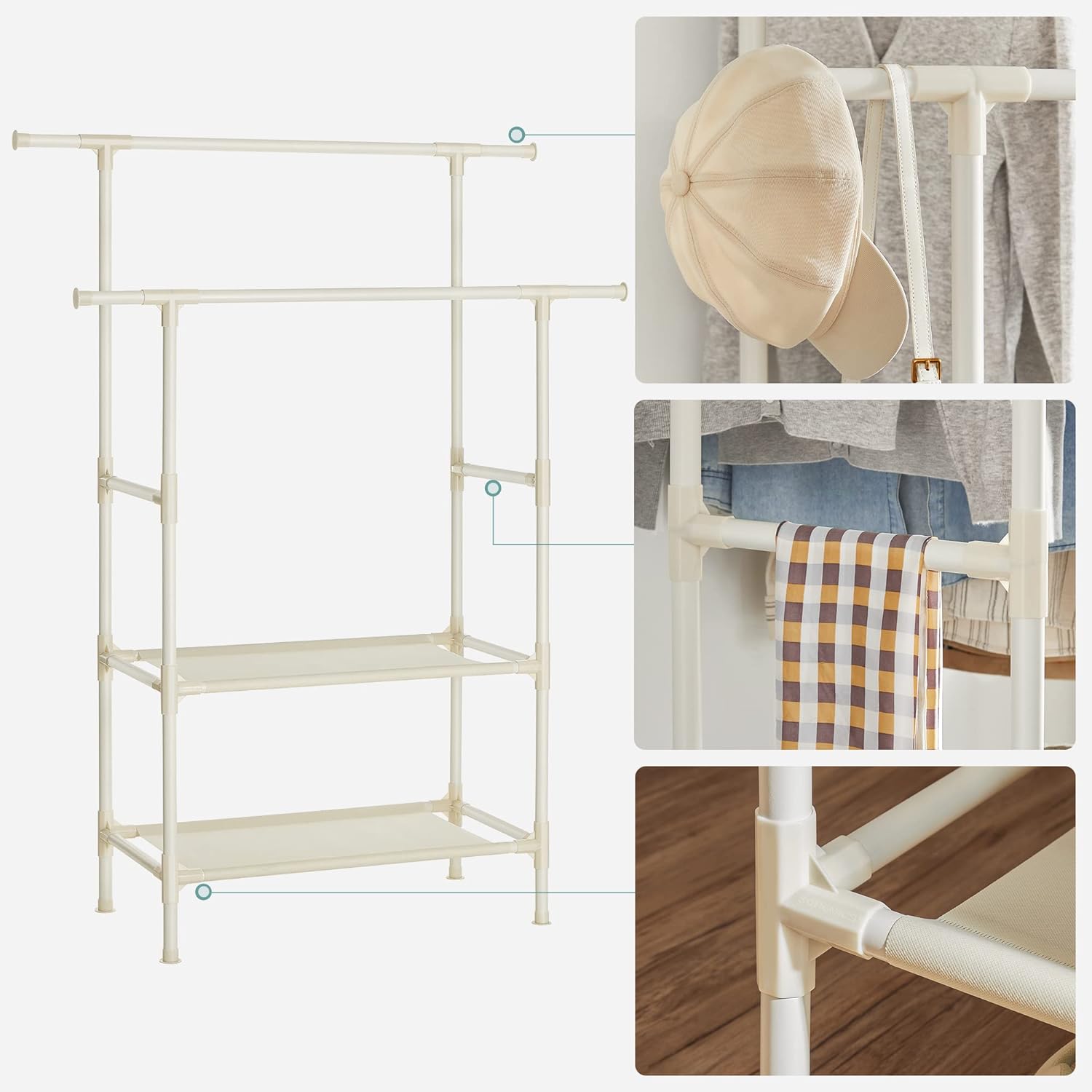 SONGMICS Raft de haine cu bara dubla pentru umerase, 2 polite, incarcare 70 kg, 114x45x171cm, alb