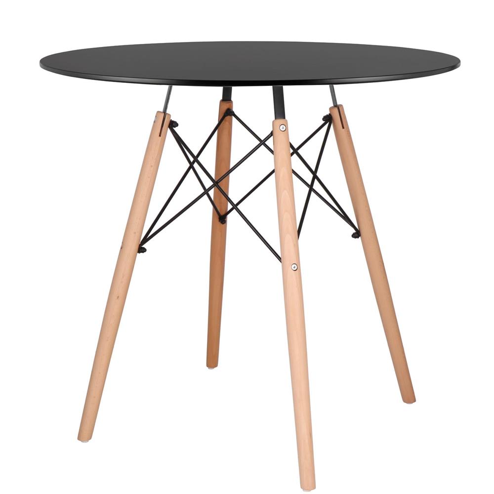 Masa dining bucatarie, rotunda, diametru 80 cm, inaltime 75 cm, Blat MDF, Picioare lemn, Negru