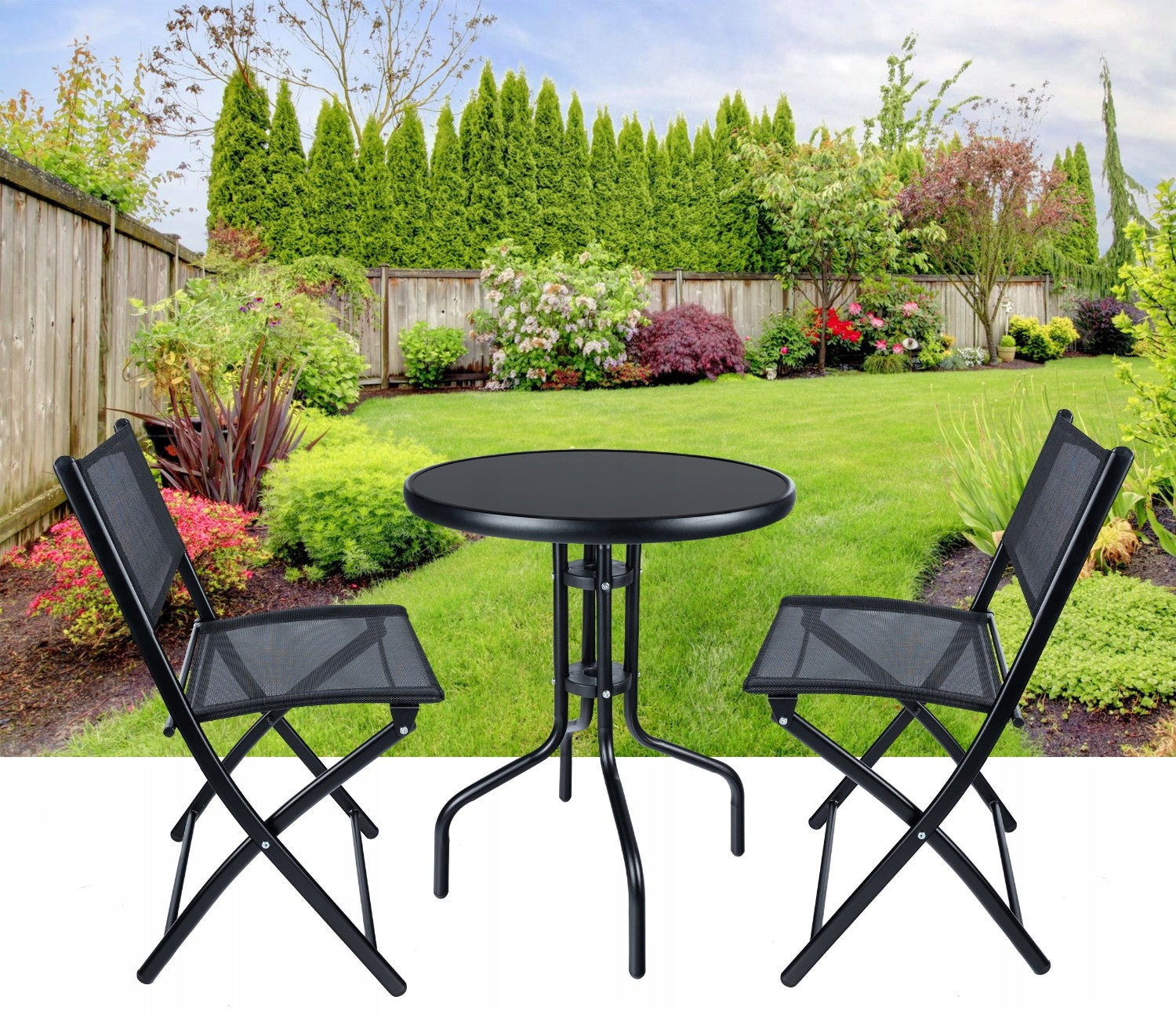 Set mobilier gradina Oneiro, 2 scaune pliabile, 1 masa, negru