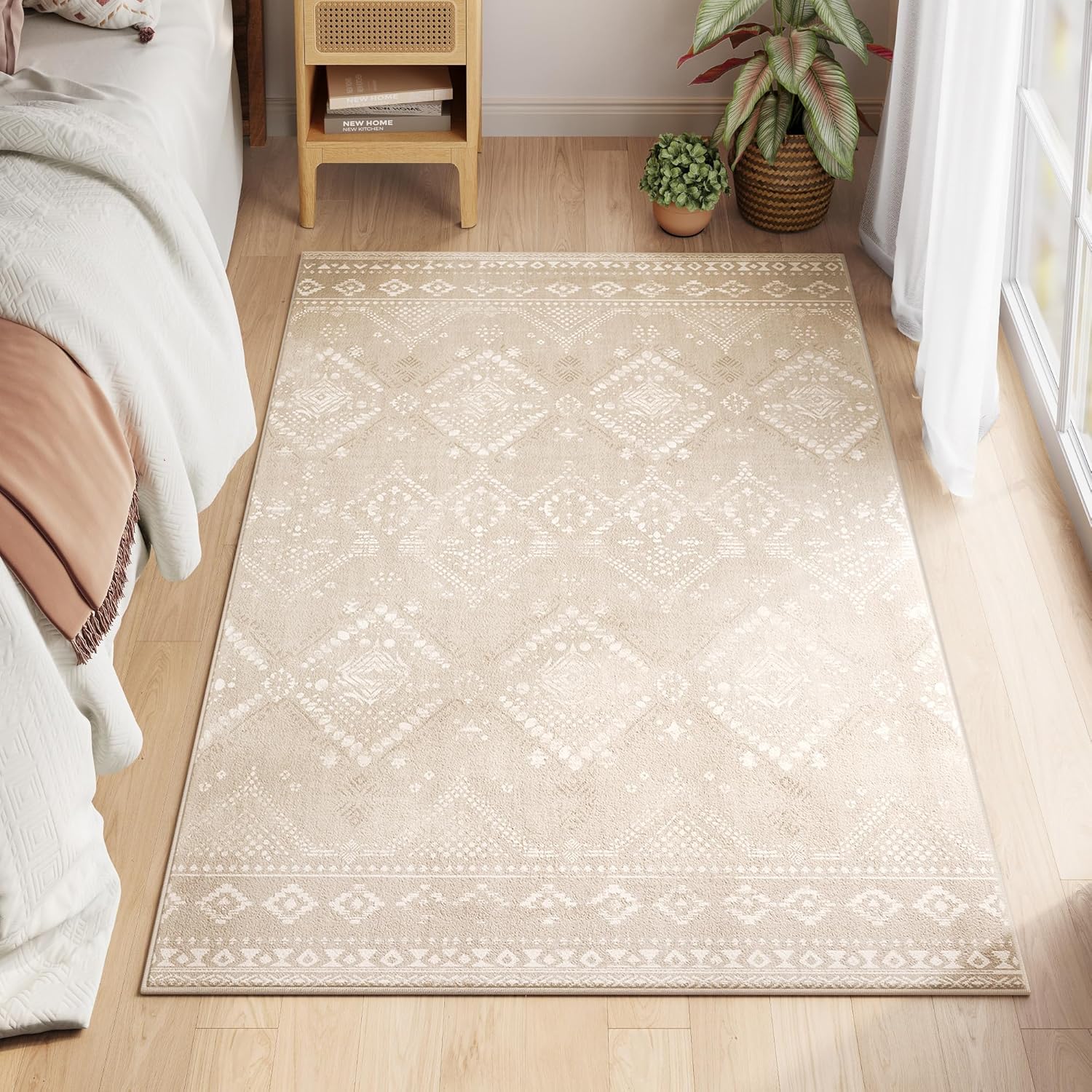 SONGMICS Covor decorativ antiderapant, stil boho, lavabil la masina, 120×170 cm, bej cappuccino