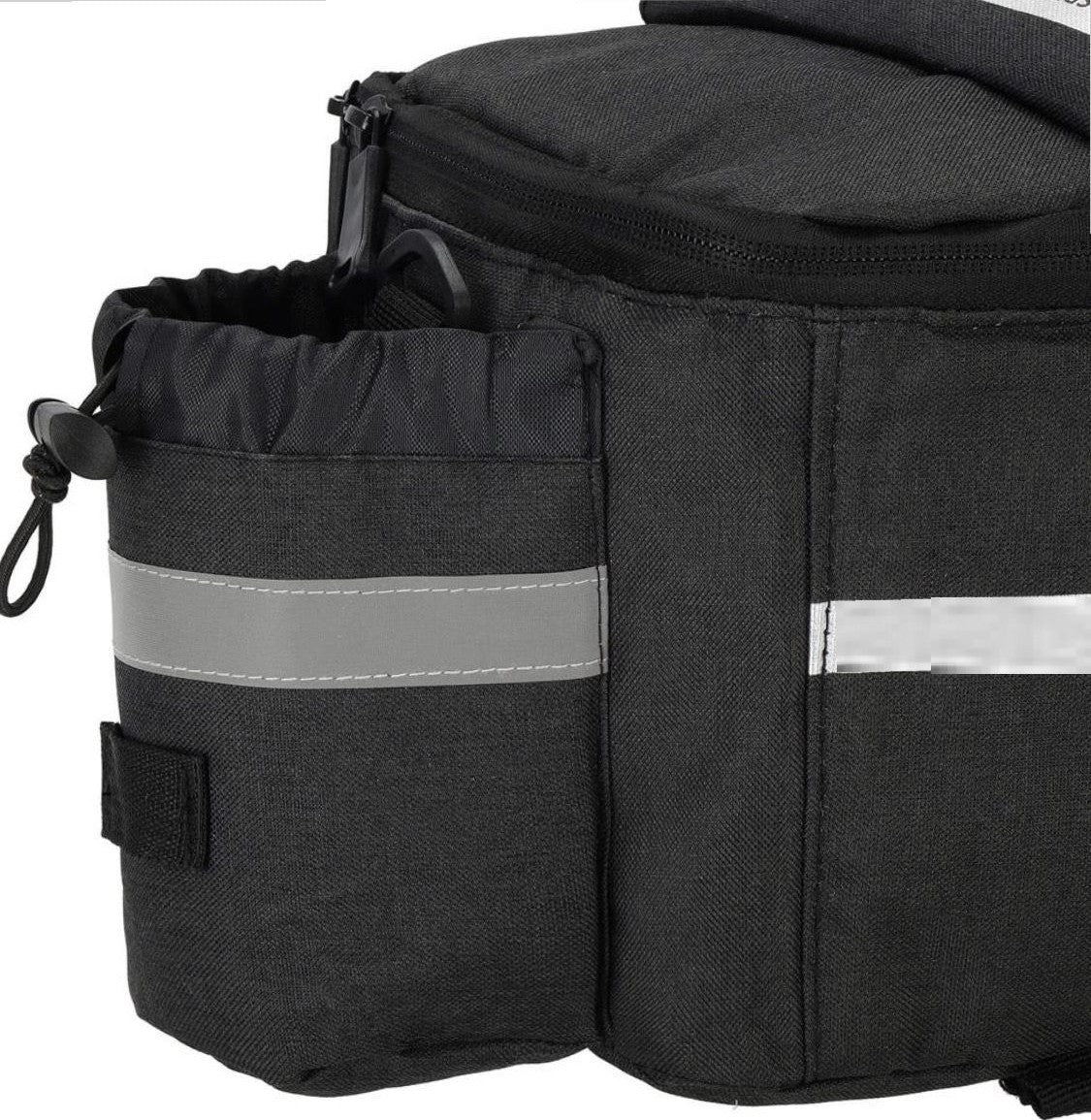 Geanta portbagaj bicicleta, 1 compartiment si 2 buzunare laterale, 38x14x16cm, negru cu elemente reflectorizante gri