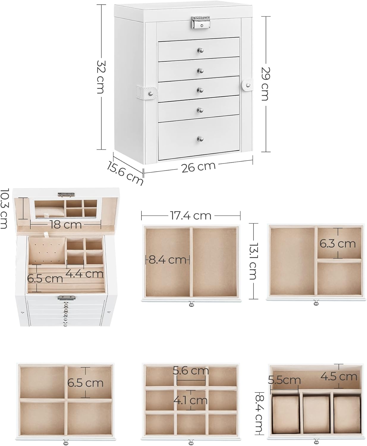 SONGMICS Cutie de bijuterii cu 6 nivele, 5 sertare, oglinda si incuietoare, spatiu pentru ceasuri, 26x15x32cm, alb