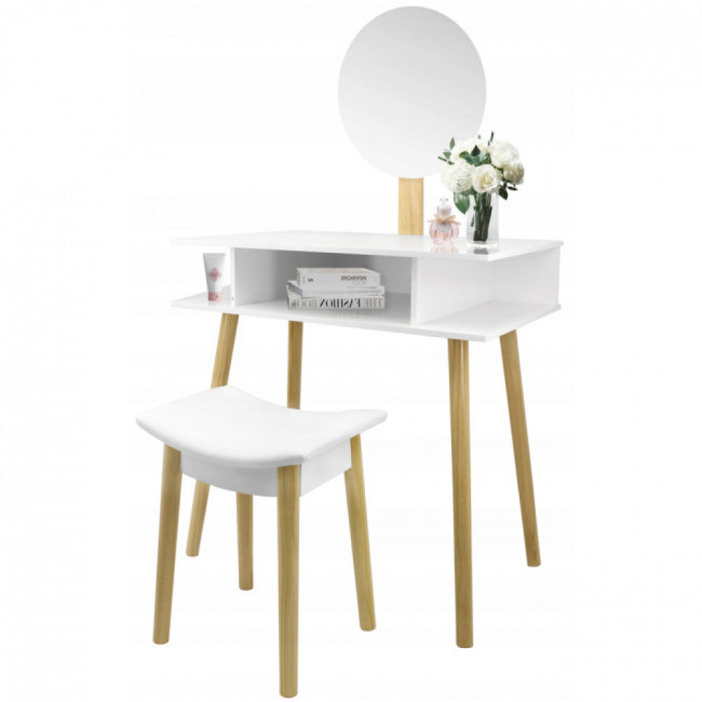 Set Masa de toaleta si machiaj cu taburet Scandinav, alba, cu oglinda, 75x45x130 cm