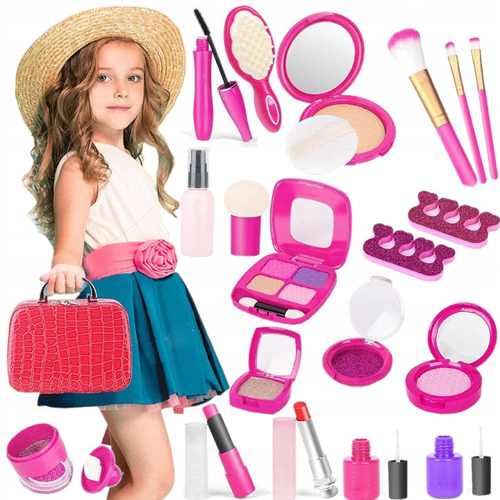 Trusa de machiaj pentru fetite, geanta cu 22 de accesorii cosmetice, fara lichide sau substante chimice, roz