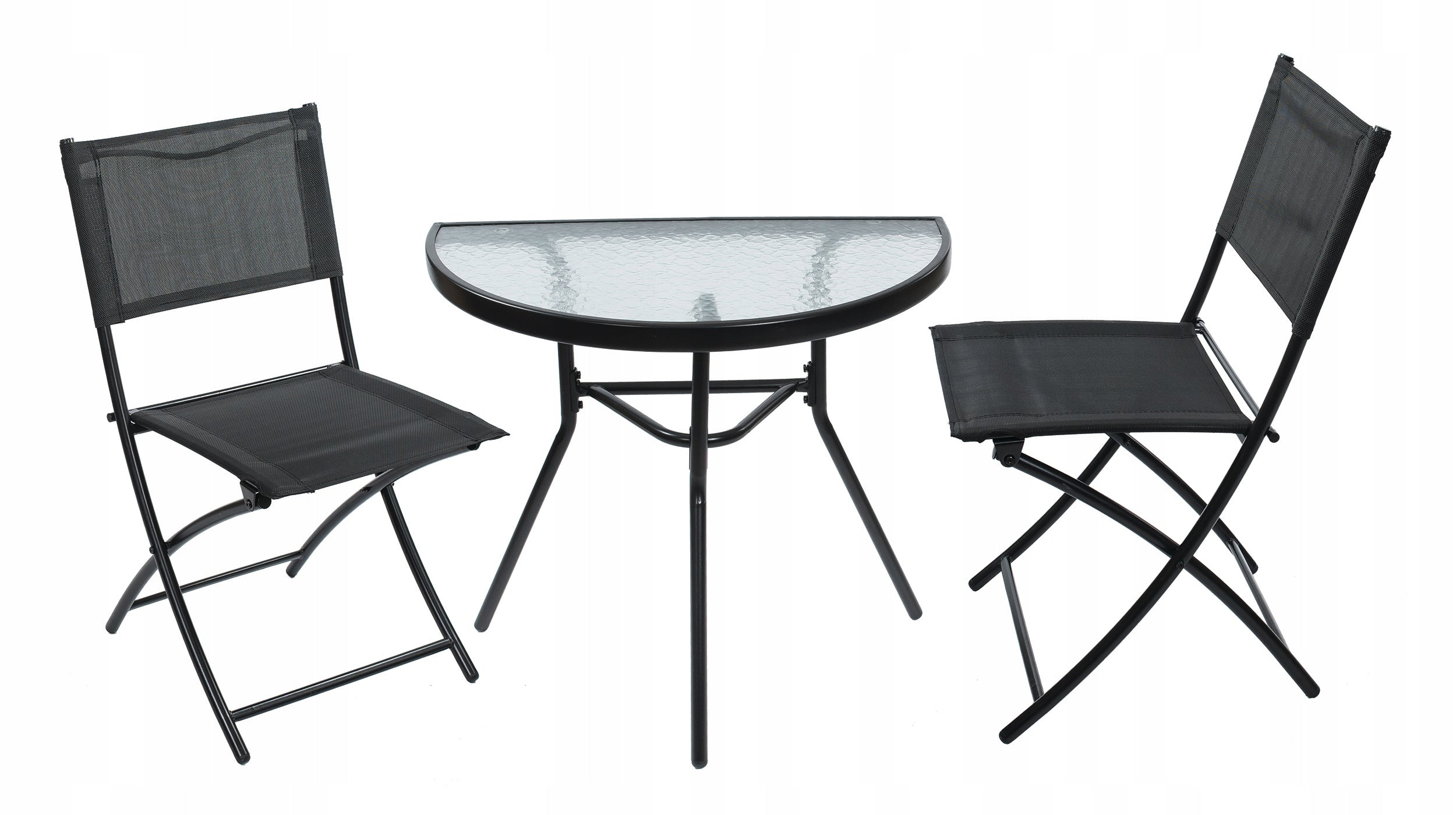 Set mobilier gradina sau balcon, masa semirotund sticla cu 2 scaune pliabile, gri
