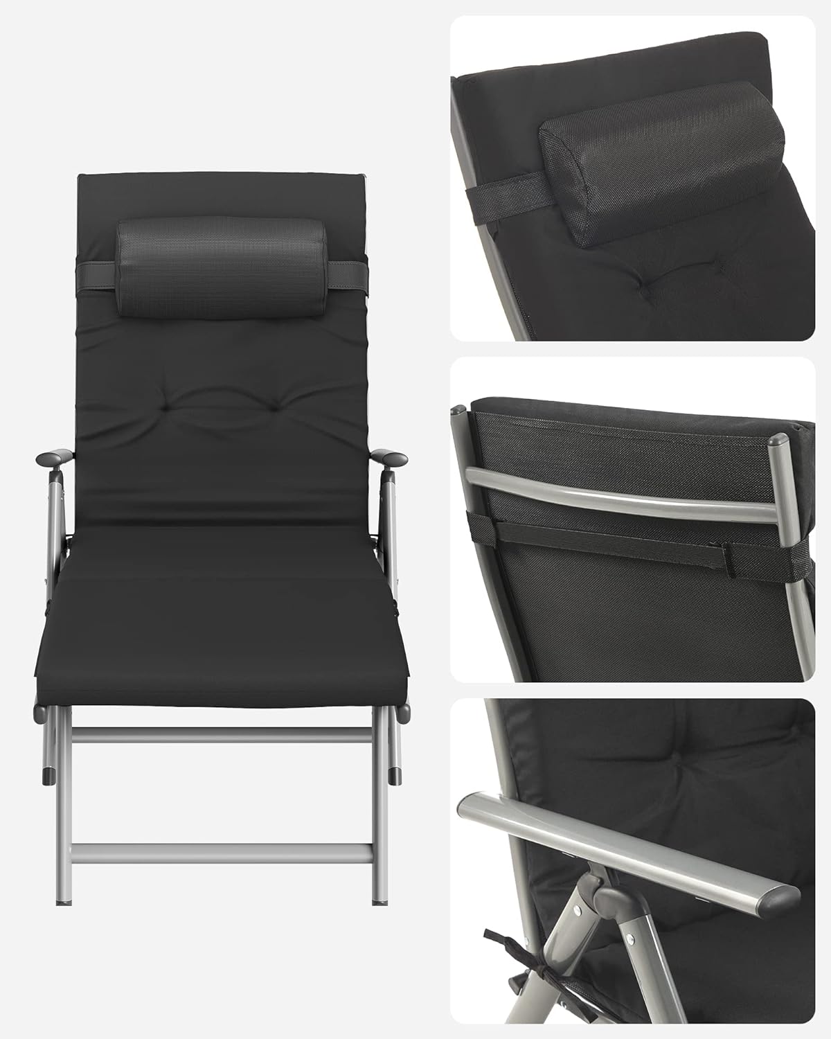 SONGMICS Sezlong pliabil, cu saltea groasa si tetiera, spatar reglabil, maxim 150kg, 183x60x39cm, negru