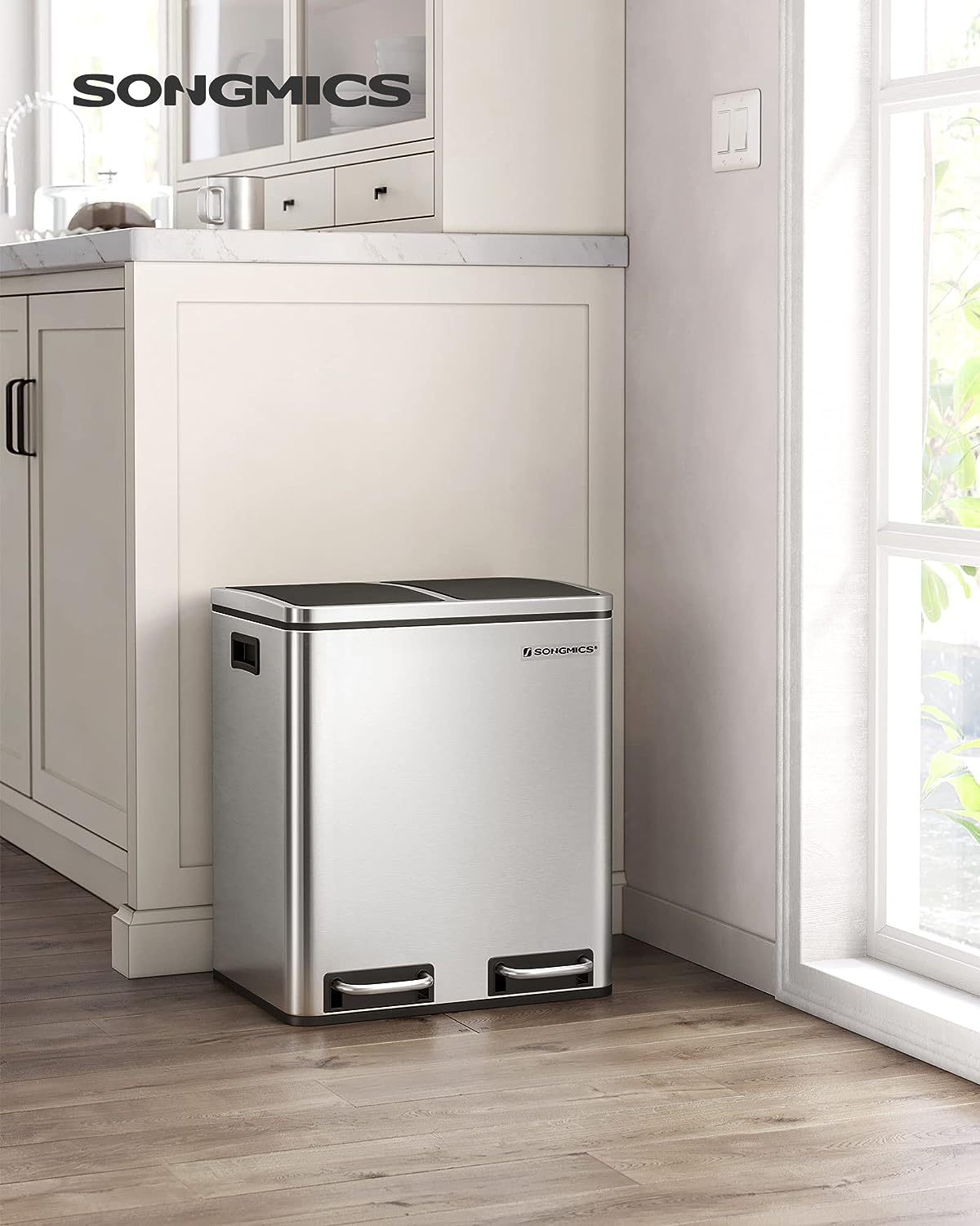 SONGMICS Cos de gunoi din inox cu 2 compartimente colectare selectiva, cu galeti interioare, 2x15litri, argintiu si negru