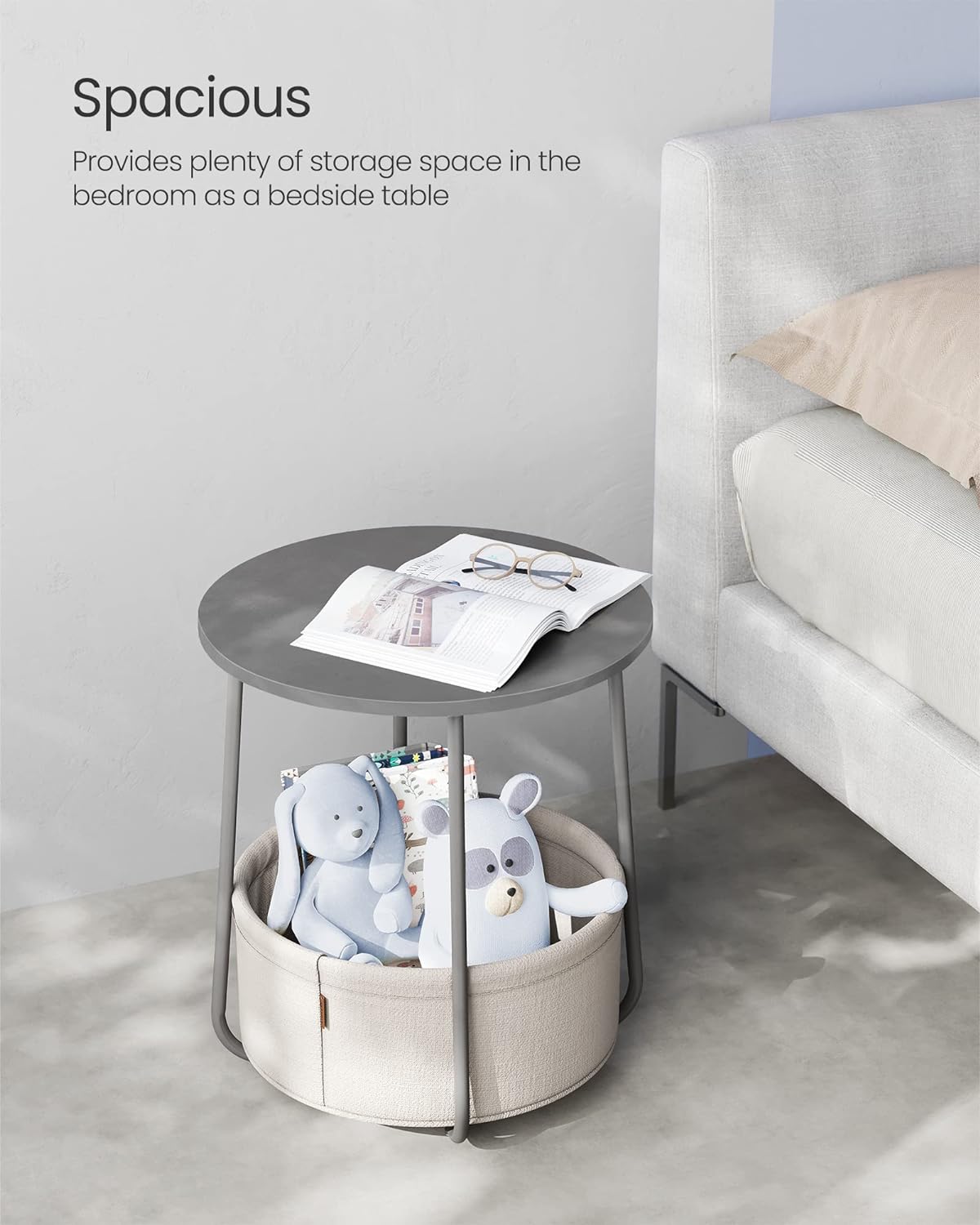 VASAGLE Masuta de cafea rotunda cu cos de stofa, stil modern, 45x50cm, gri