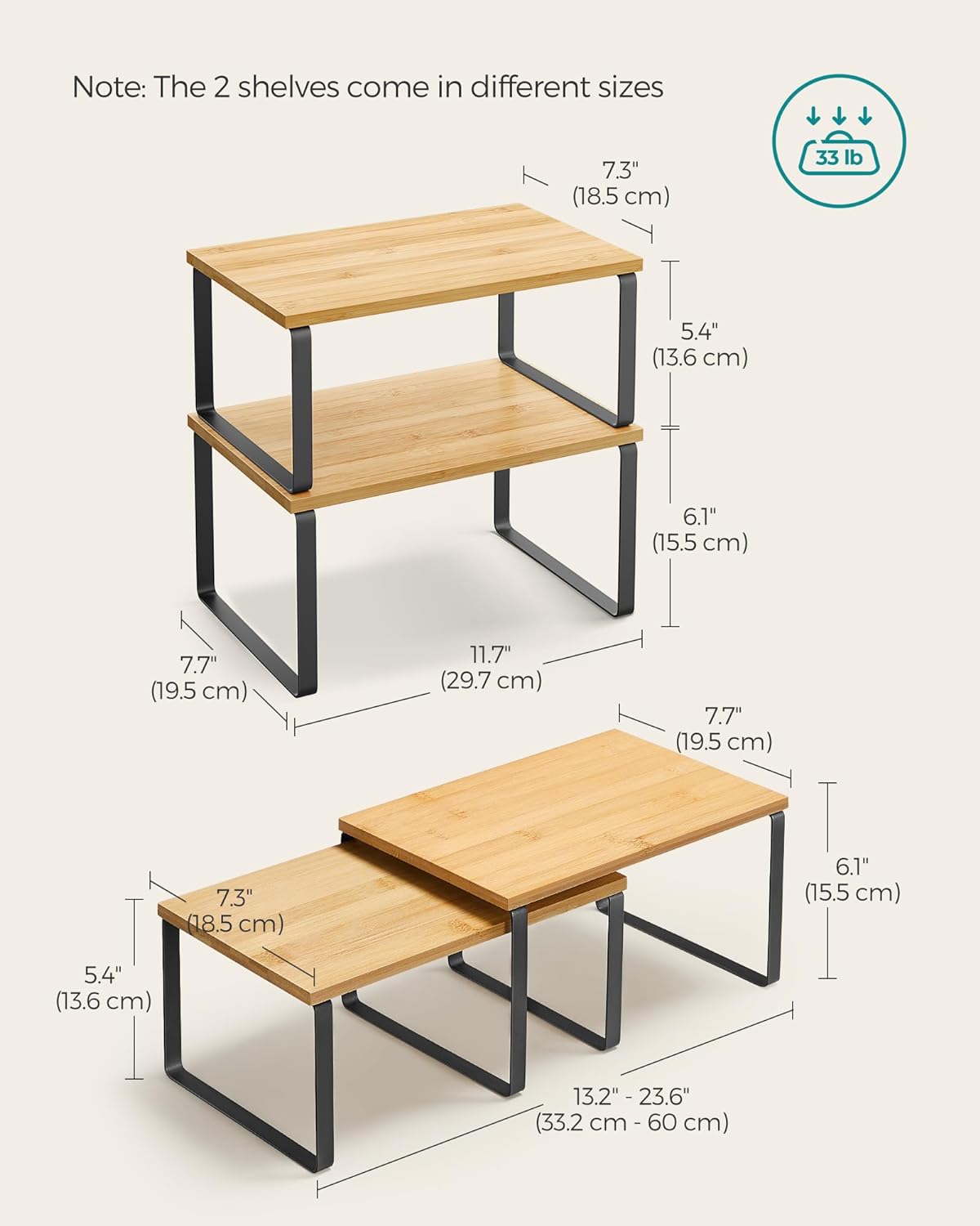 Set 2 rafturi de bucatarie suprapozabile, pentru ustensile sau condimente, 20x30x16cm, natur si negru