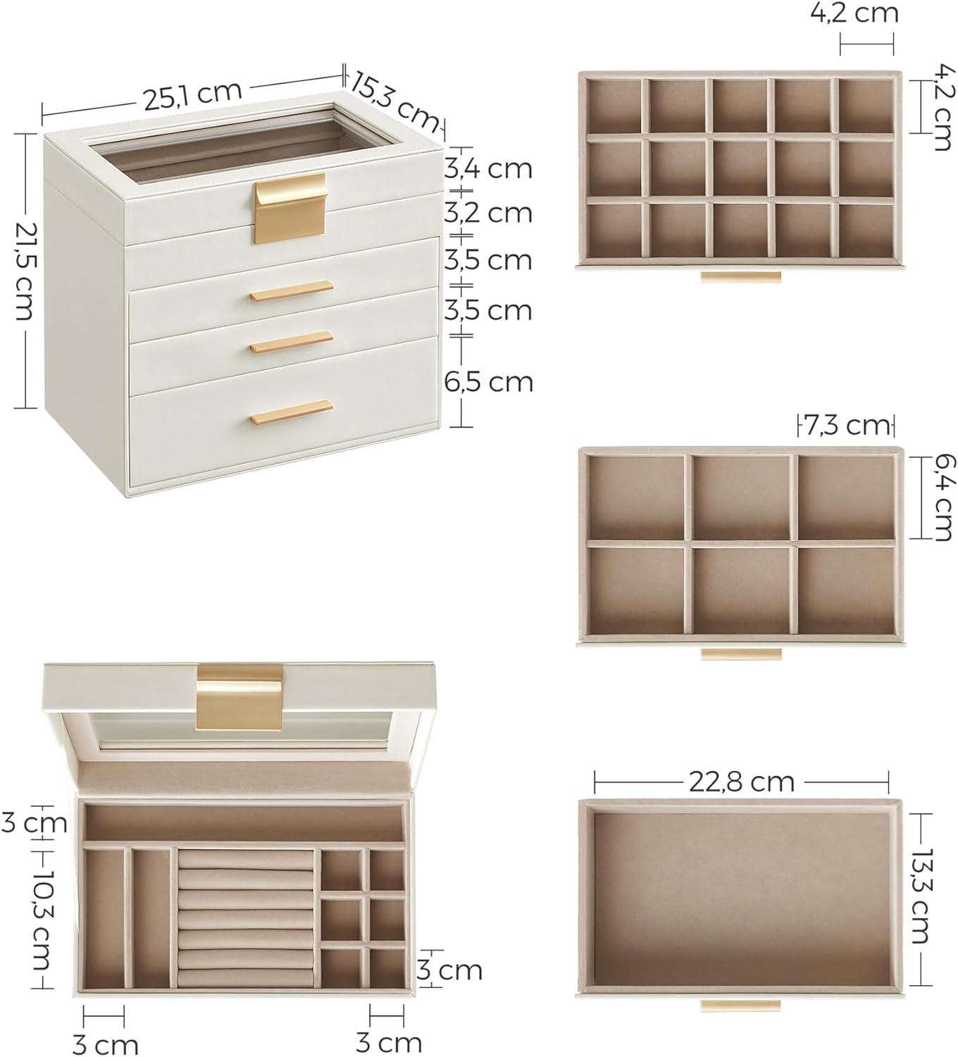 SONGMICS Cutie de bijuterii cu 4 nivele, 3 sertare, capac din sticla, 22x25x15cm, alb si auriu