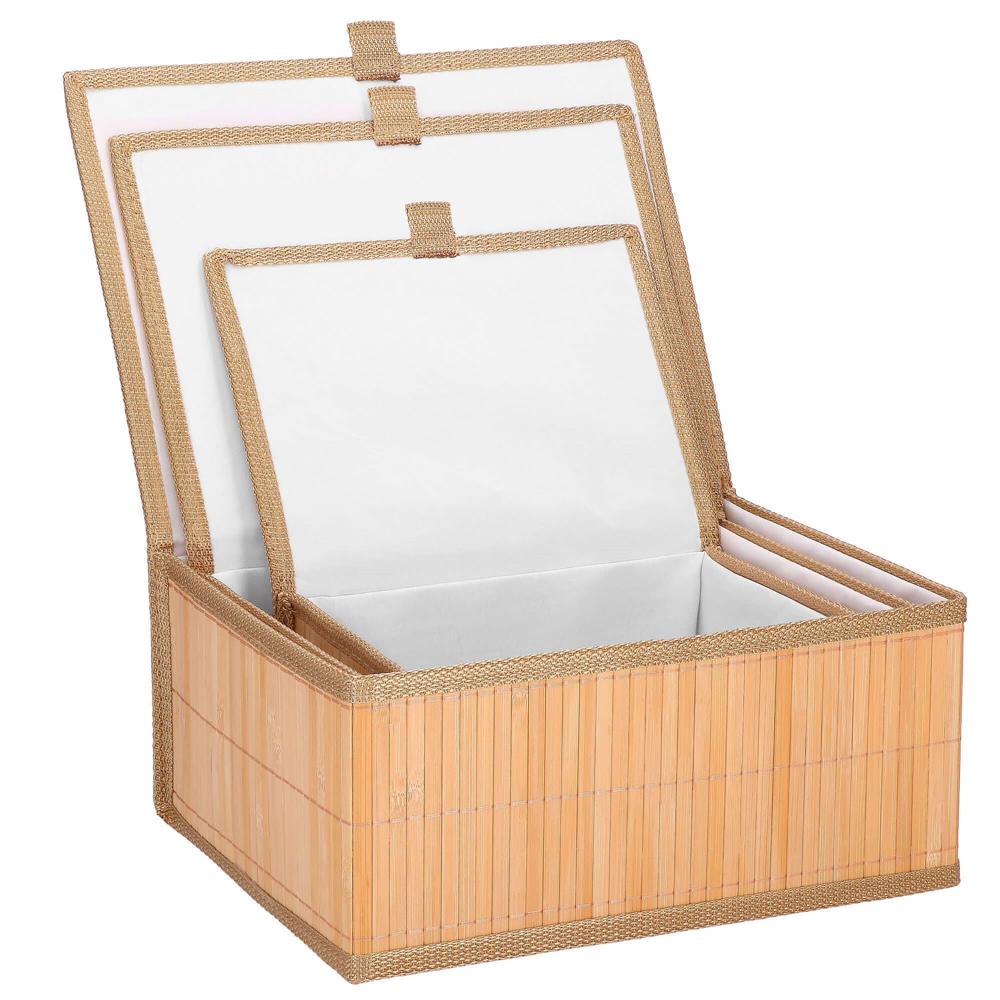 Set 3 cutii organizatoare din bambus, cu capac, diverse dimensiuni, maro