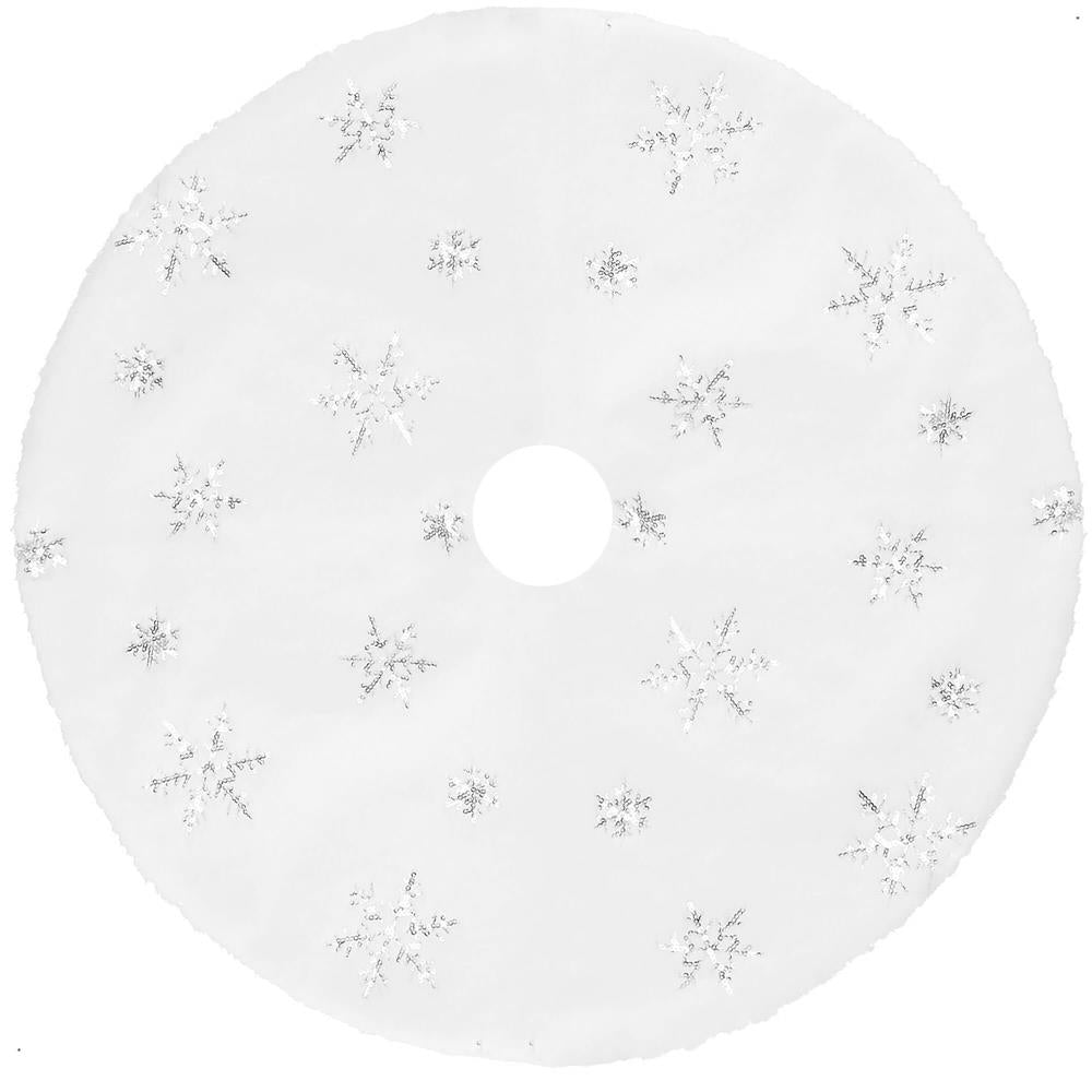 Covoras de pus sub bradul de Craciun, 55 cm, imitatie blana alba cu paiete argintii