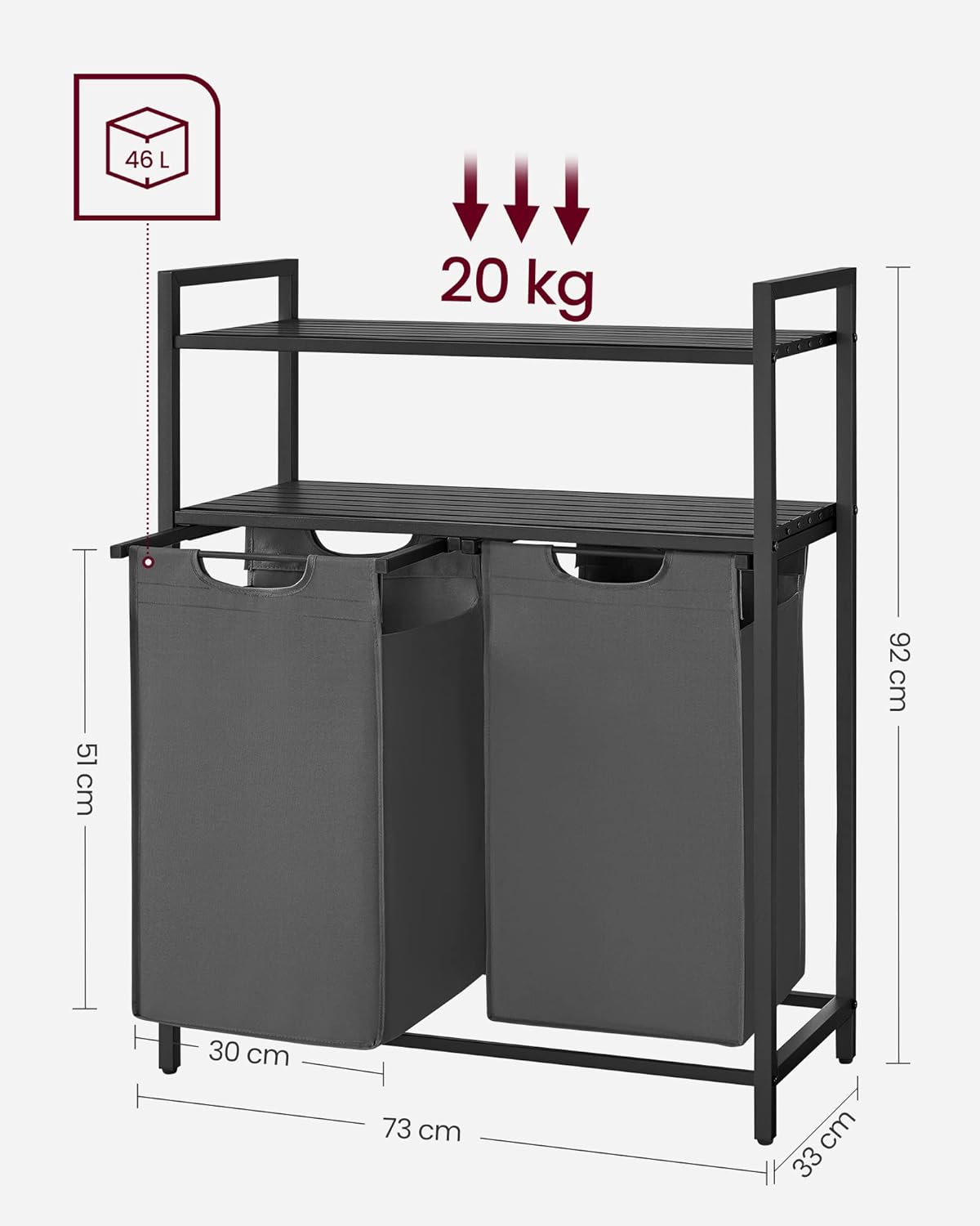 VASAGLE Cos de rufe, cu 2 saci detasabili, 2 rafturi, capacitate de 46L per sac, 73x33x92cm , negru si gri