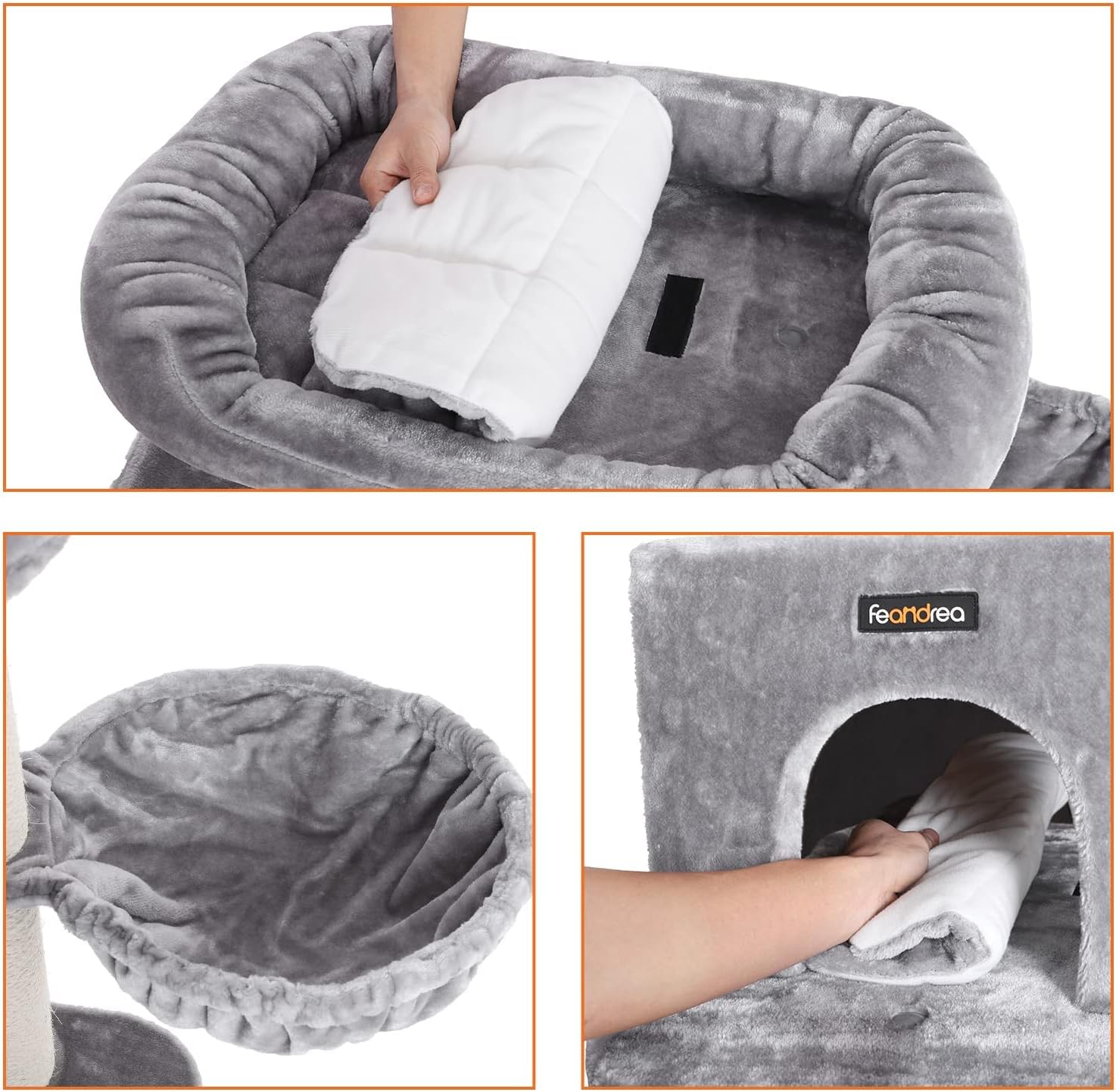 FEANDREA Ansamblu de joaca pentru pisici, tip copac, cu 2 culcusuri si ascunzatoare, 70x60x112cm, gri
