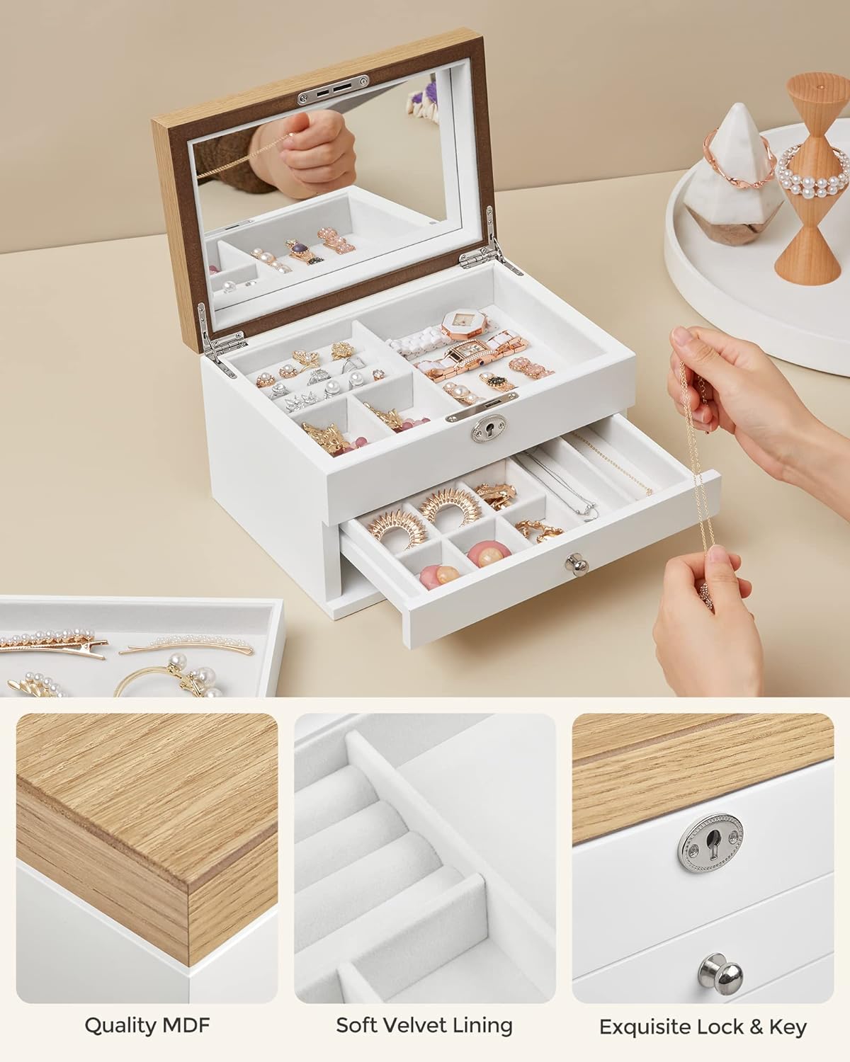 SONGMICS Cutie de bijuterii cu 3 nivele, 2 sertare, capac cu oglinda, 17x25x15cm, alb si maro
