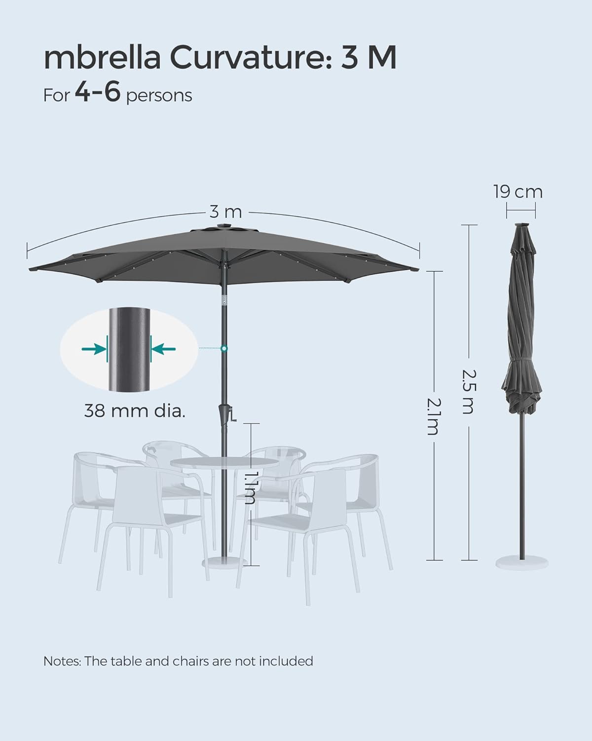 SONGMICS Umbrela de gradina, iluminare LED solara, cu manivela pentru deschidere, sistem inclinare, 300cm, gri - 7