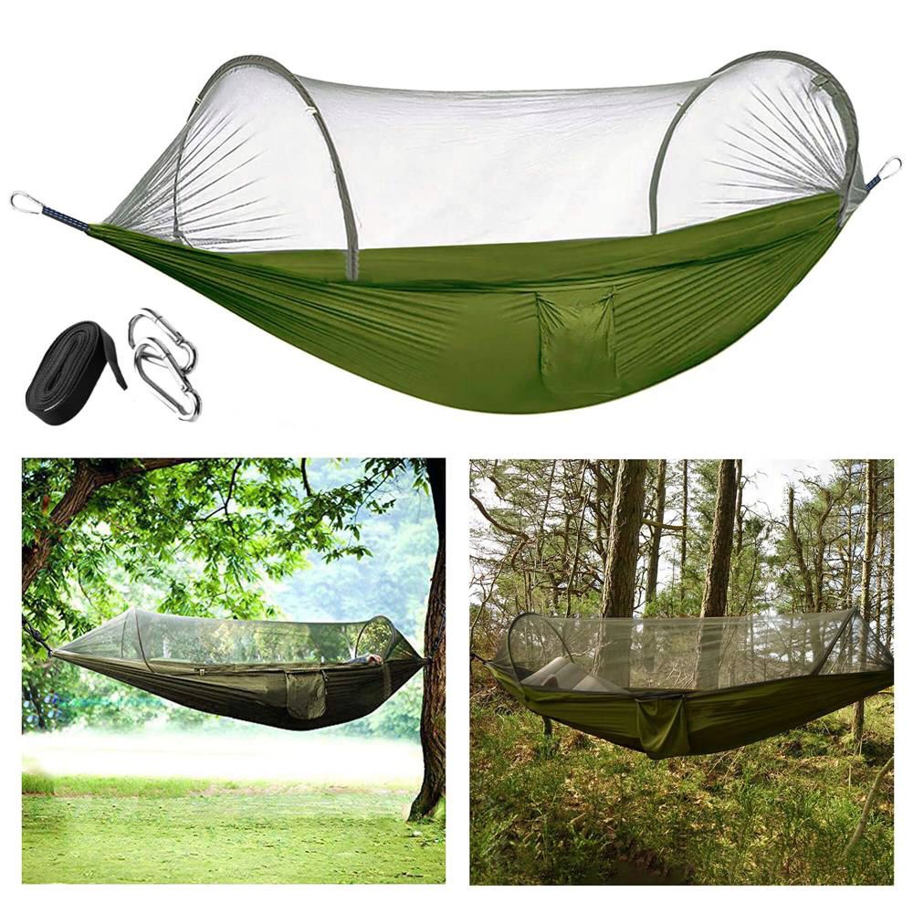 Hamac dublu din material parasuta 140x260cm, cu plasa de tantari si geanta transport, verde